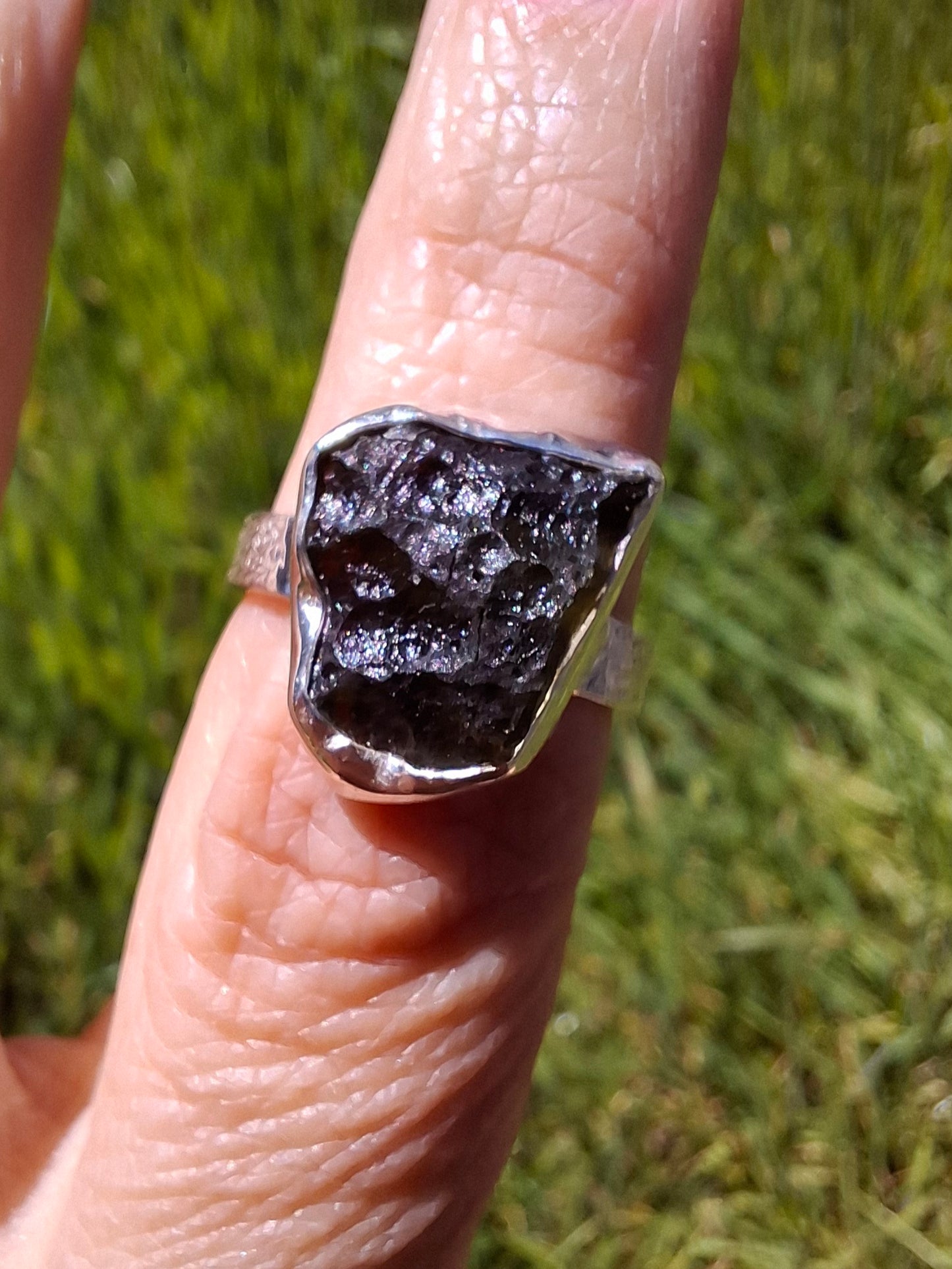 Moldavite Ring, size large M/small N, 925 Silver, Tektite (Ref: R309)