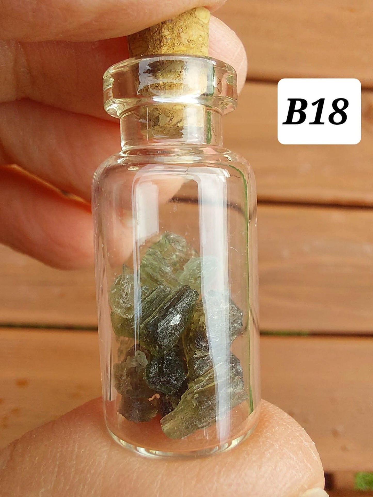 Moldavite chips (2.00g) in 3ml glass Bottle, Tektite (Ref: B18)