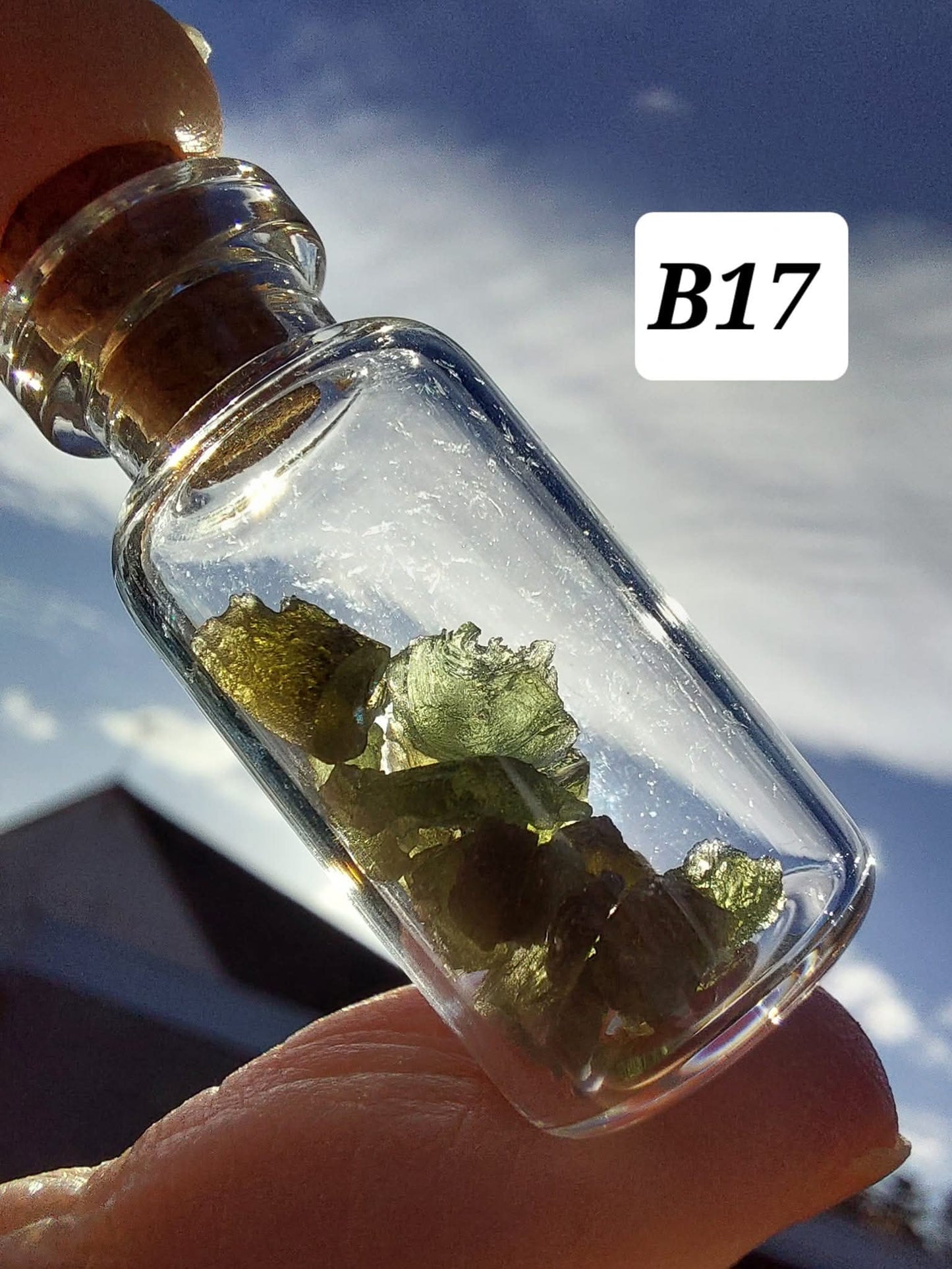 Moldavite chips (1.50g) in 3ml glass Bottle, Tektite (Ref: B17)