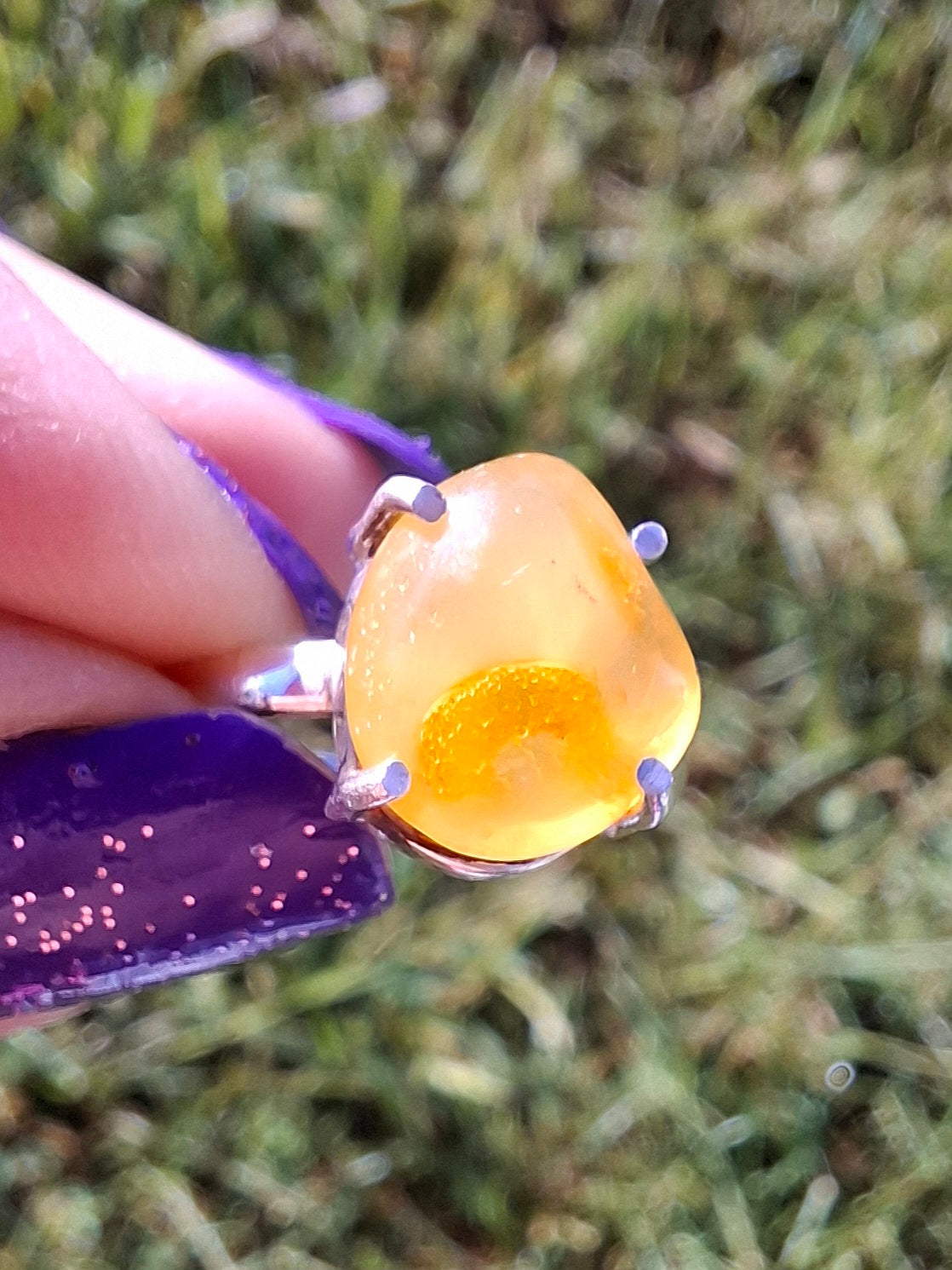 Baltic Amber Ring, size large L, 925 Silver, Fossil (Ref: AR2)