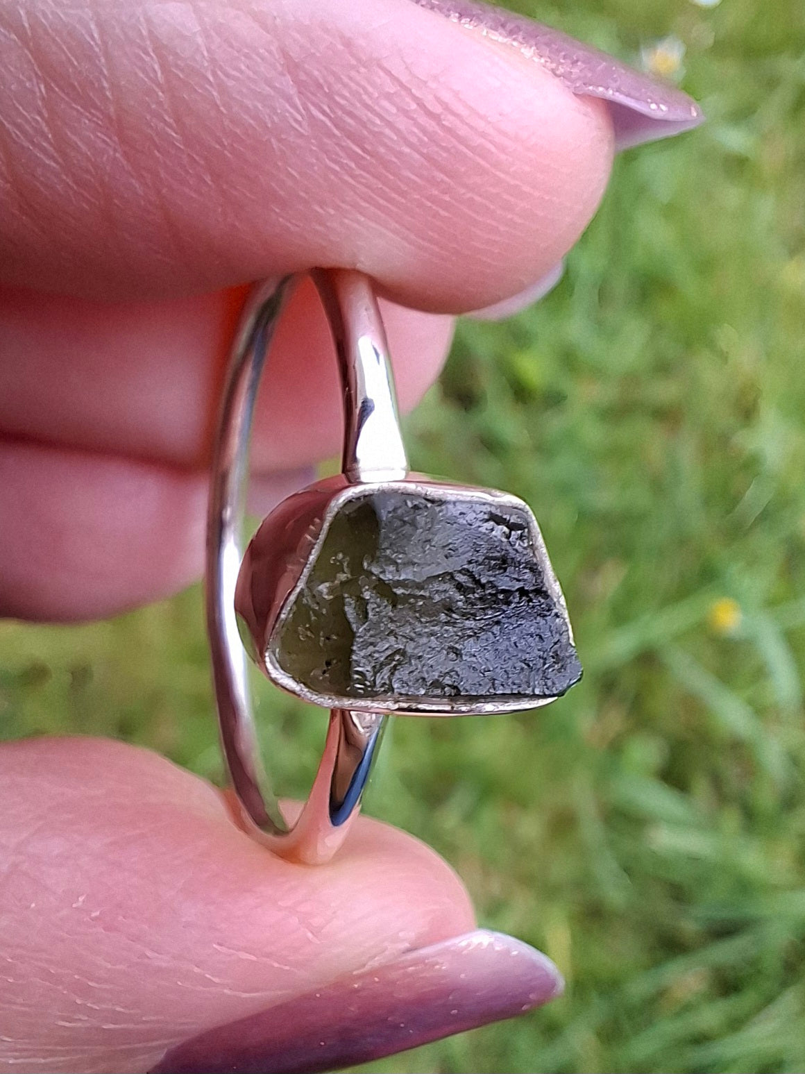 Moldavite Ring, size small W, 925 Silver, Tektite (Ref: R59)