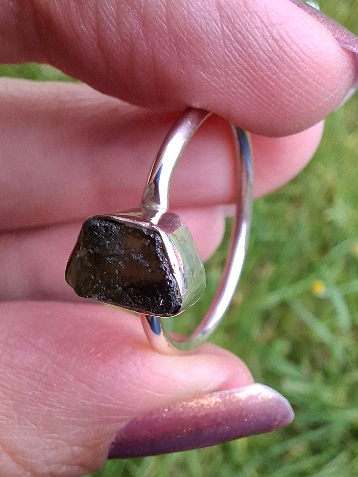 Moldavite Ring, size small W, 925 Silver, Tektite (Ref: R59)