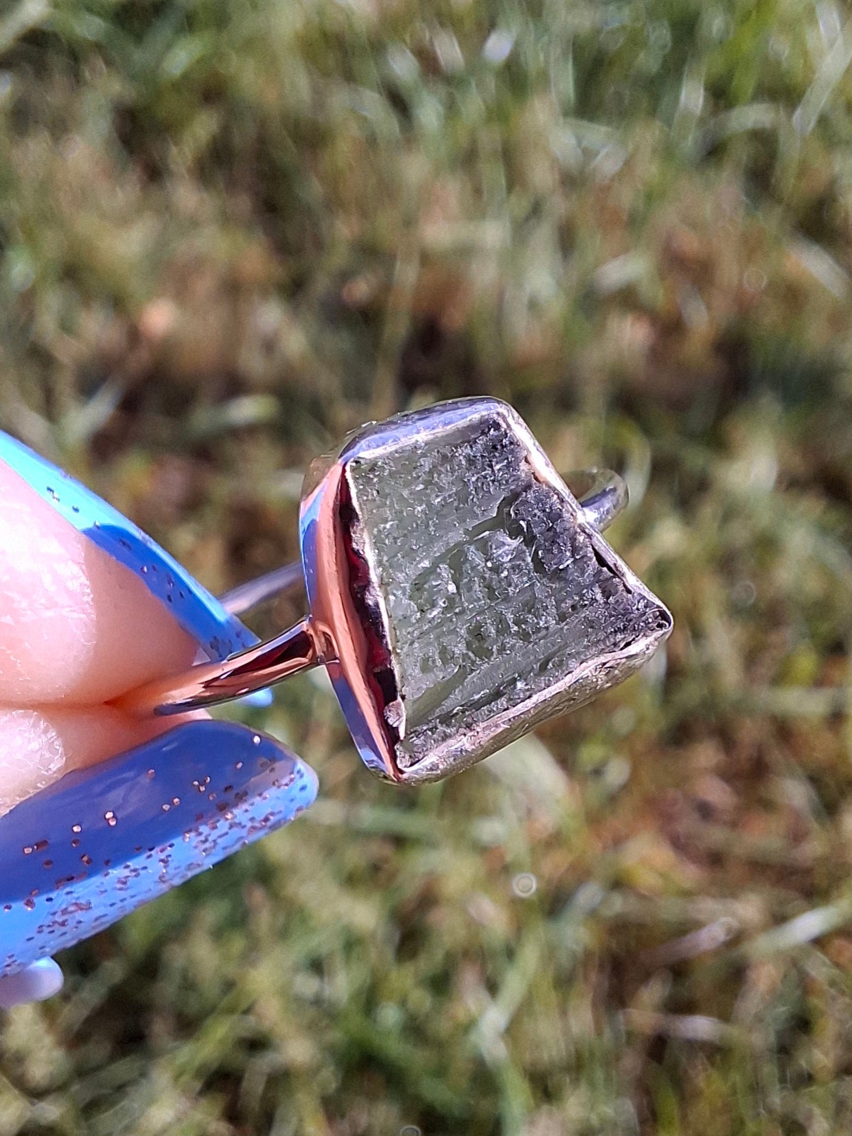 Moldavite Ring, size large P/small Q, 925 Silver, Tektite (Ref: R26)