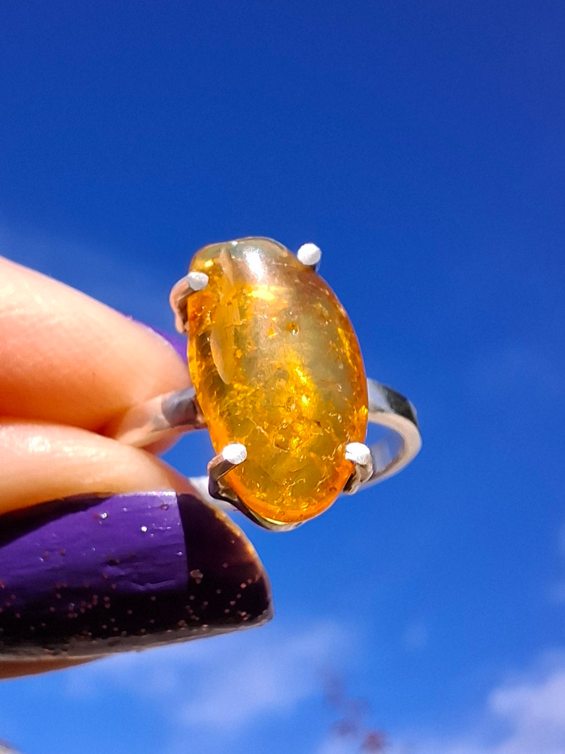 Baltic Amber Ring, size large L, 925 Silver, Fossil (Ref: AR3)