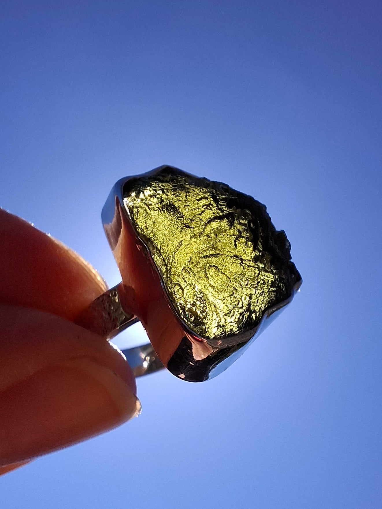 Moldavite Ring, size K, 925 Silver, Tektite (Ref: R300)