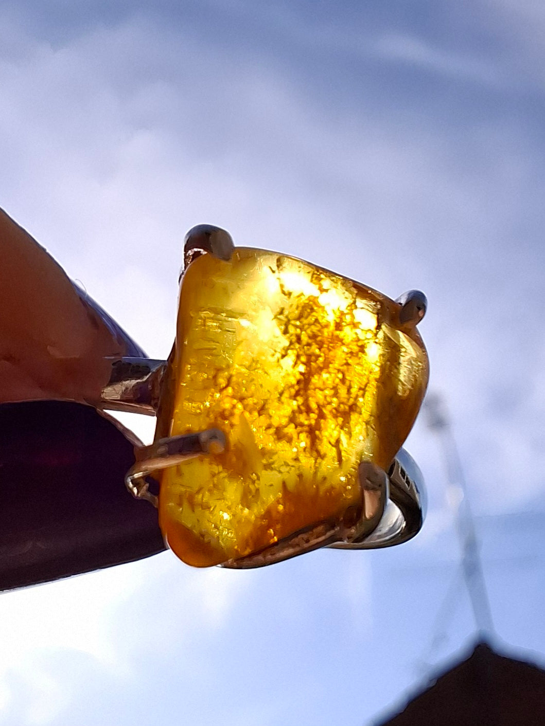 Baltic Amber Ring, size large M, 925 Silver, Fossil (Ref: AR6)