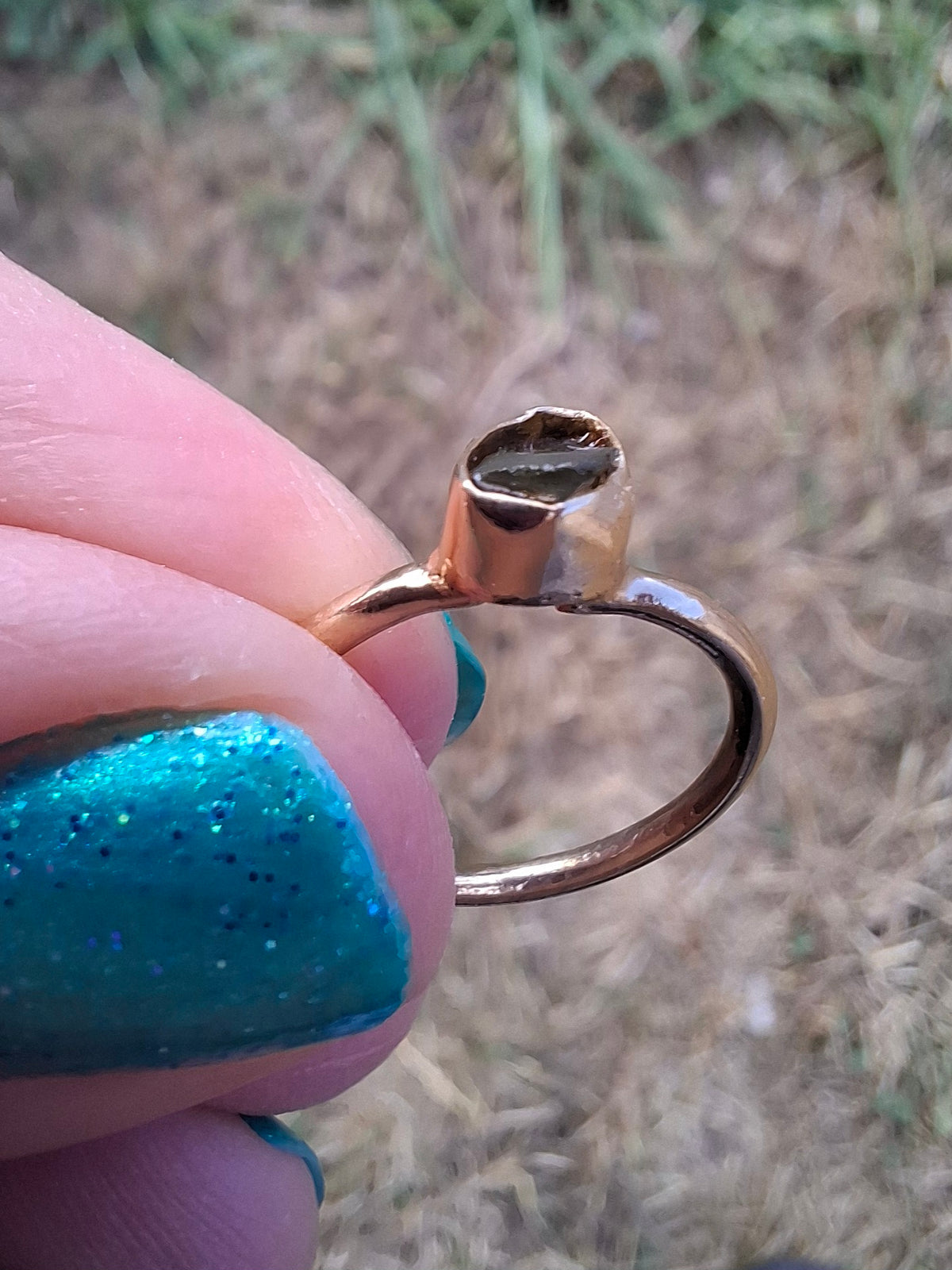 Moldavite Ring, 14K GOLD Plated, size large G / small H, Tektite (Ref: R334)