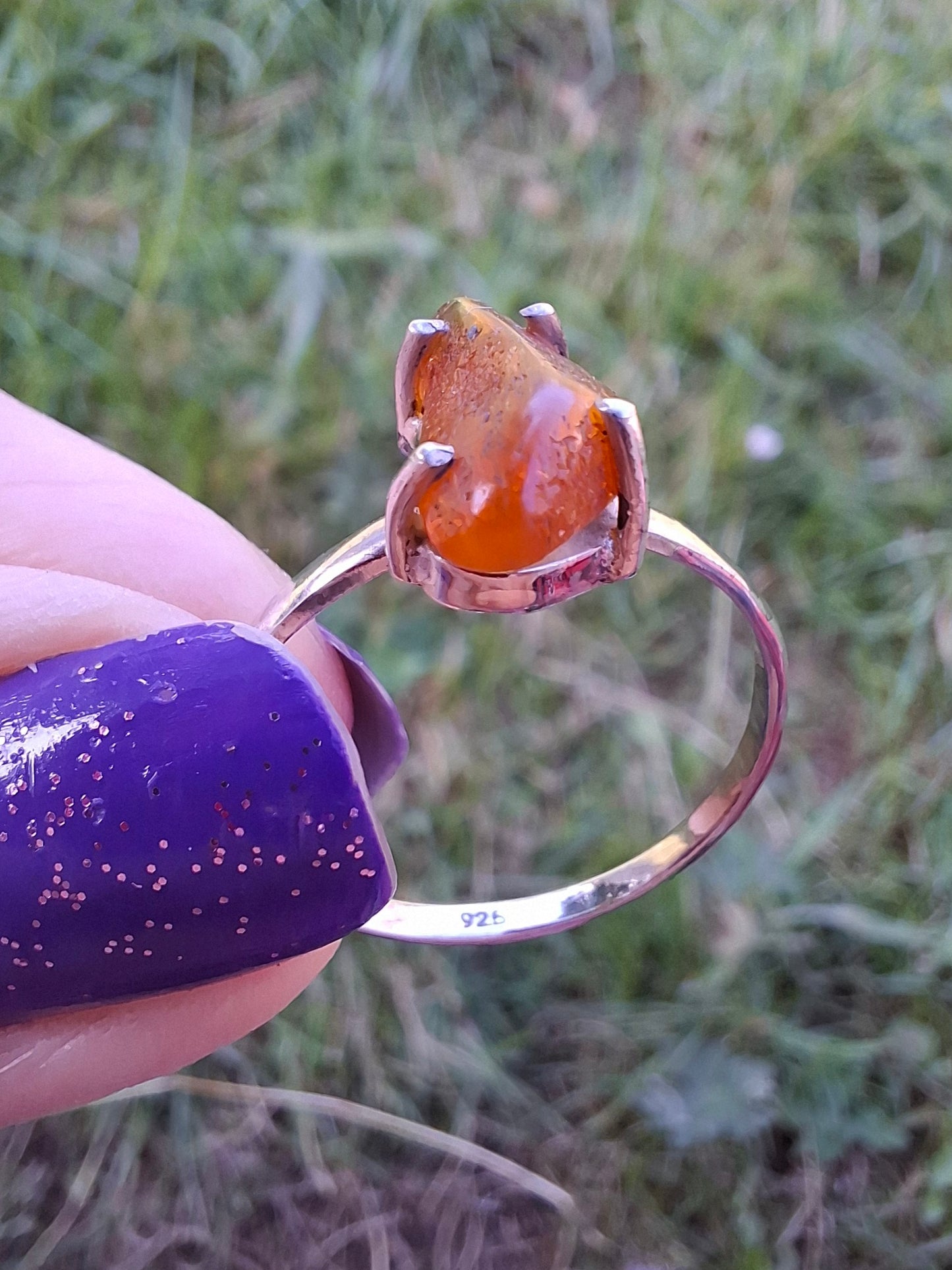 Baltic Amber Ring, size large V, 925 Silver, Fossil (Ref: AR26)