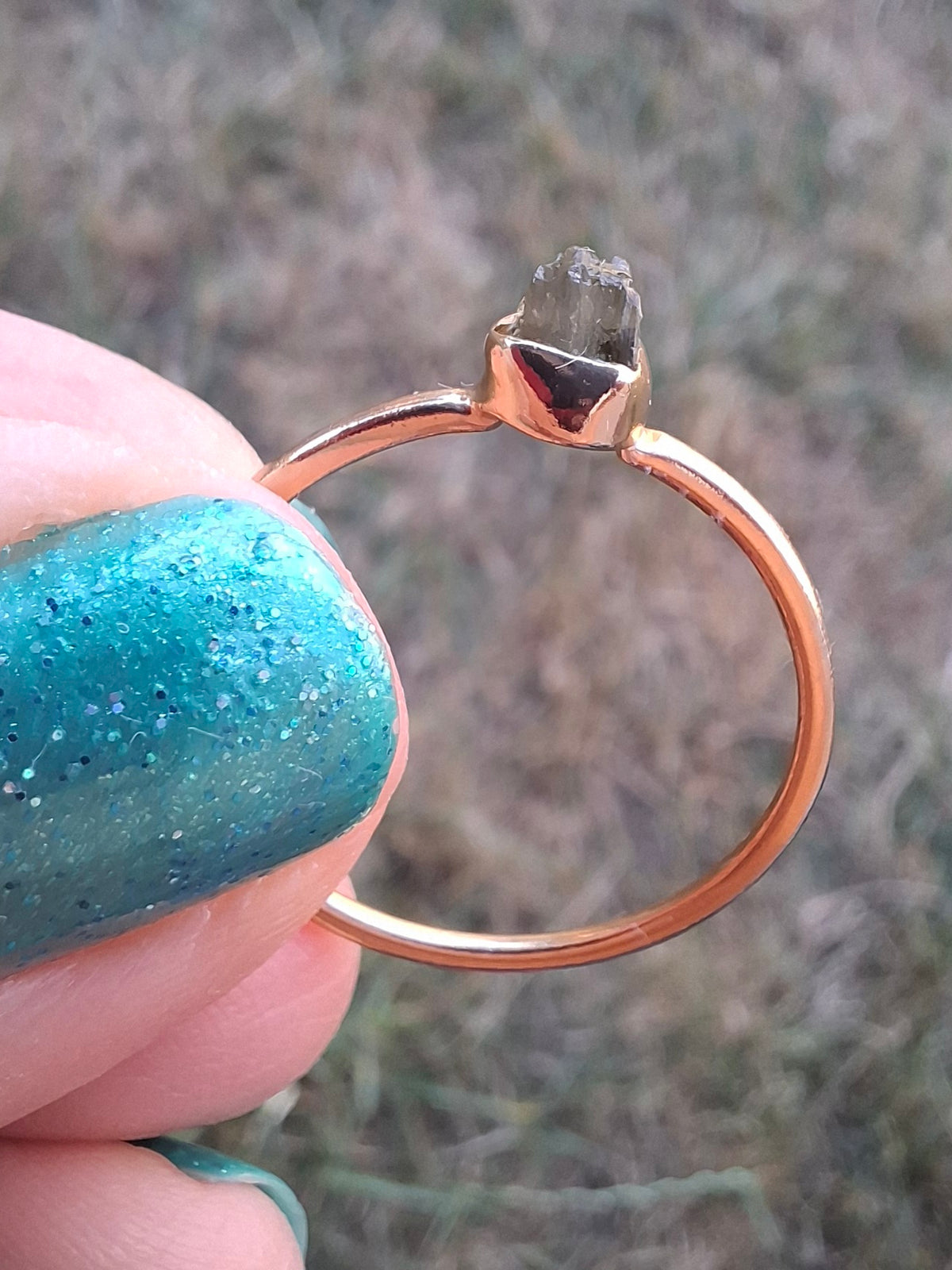 Moldavite Ring, 14K GOLD Plated, size large S / small T, Tektite (Ref: R352)