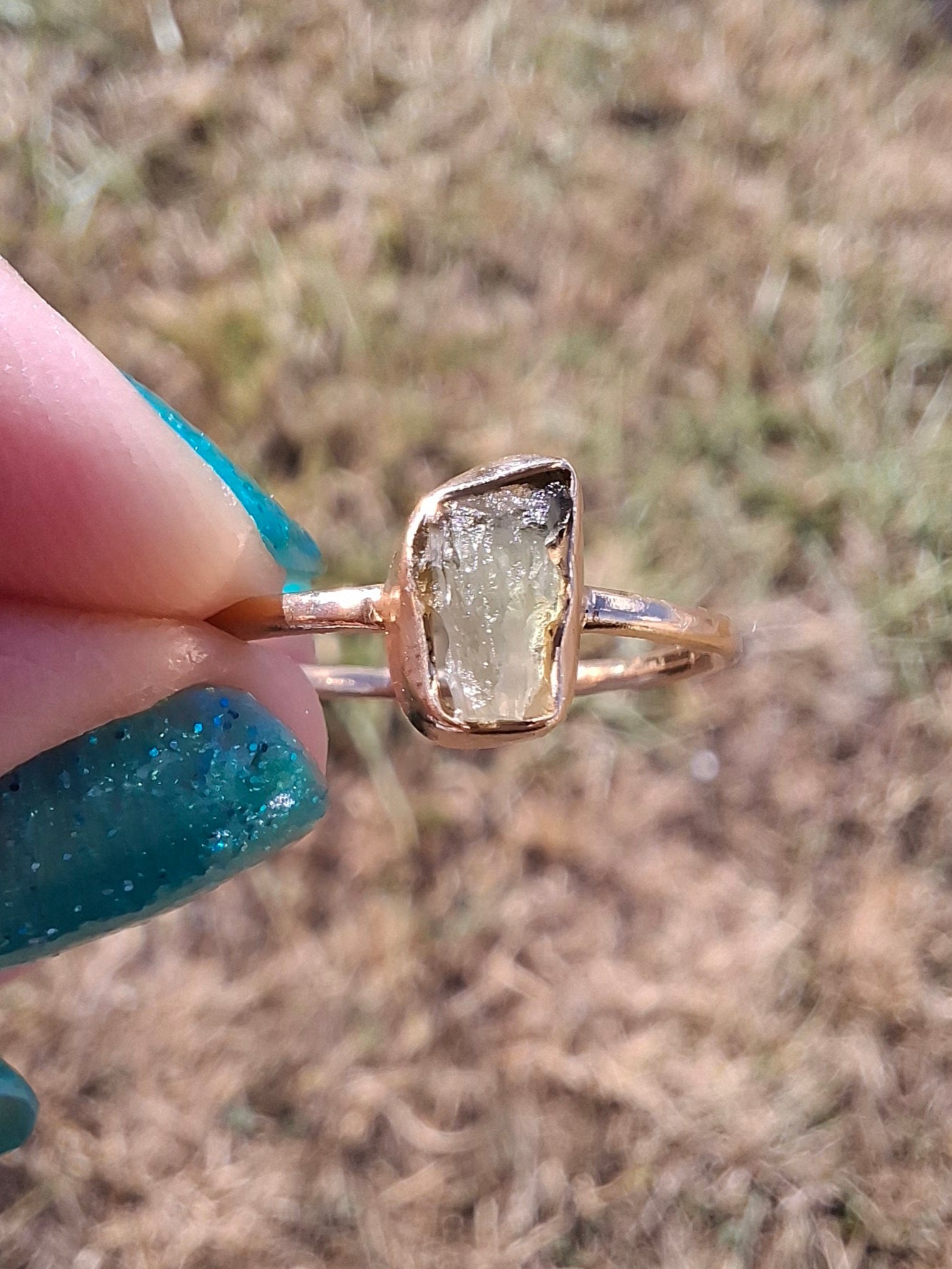 Moldavite Ring, 14K GOLD Plated, size large M, Tektite (Ref: R341)