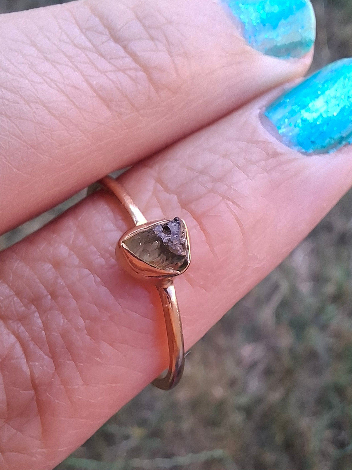Moldavite Ring, 14K GOLD Plated, size large S / small T, Tektite (Ref: R352)