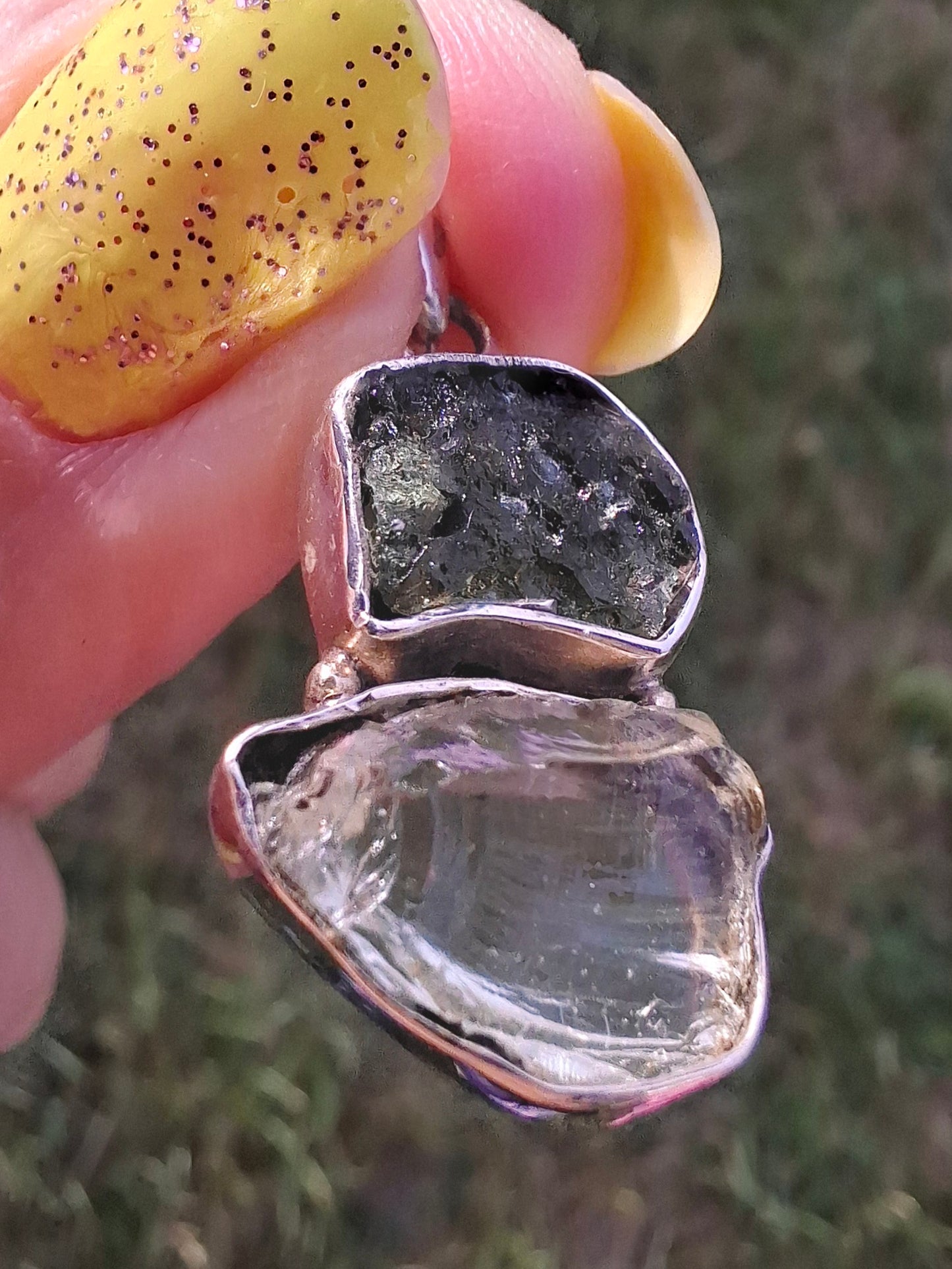 Moldavite & Libyan Desert Glass Pendant, 925 Silver, Tektite (Ref: MLP4)