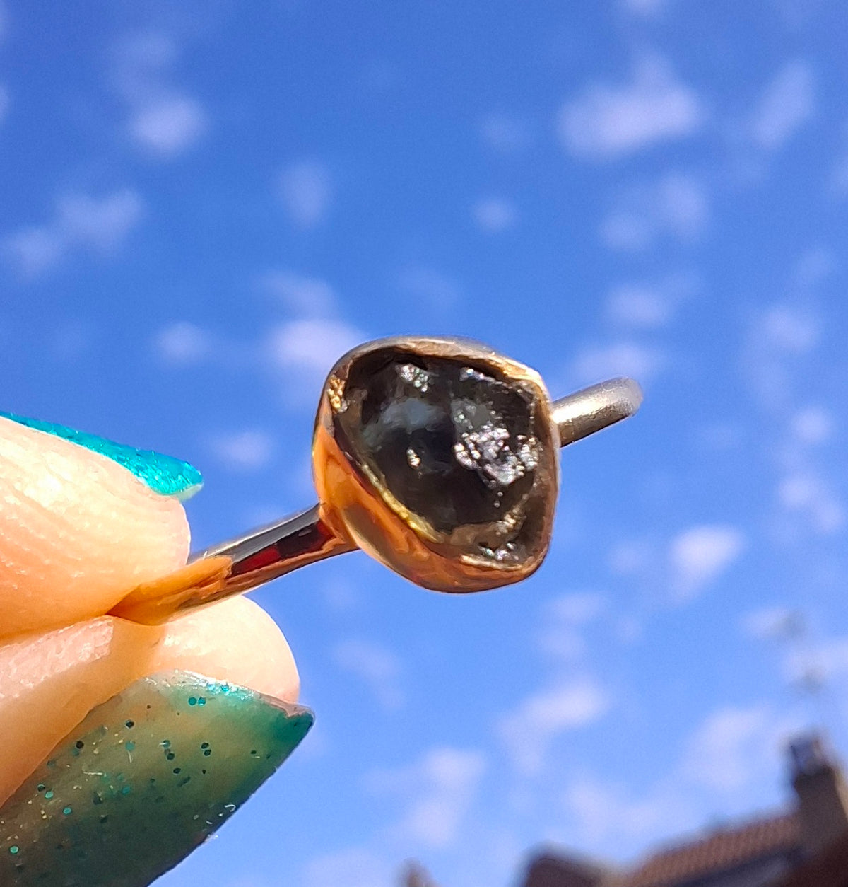 Moldavite Ring, 14K GOLD Plated, size large L, Tektite (Ref: R343)