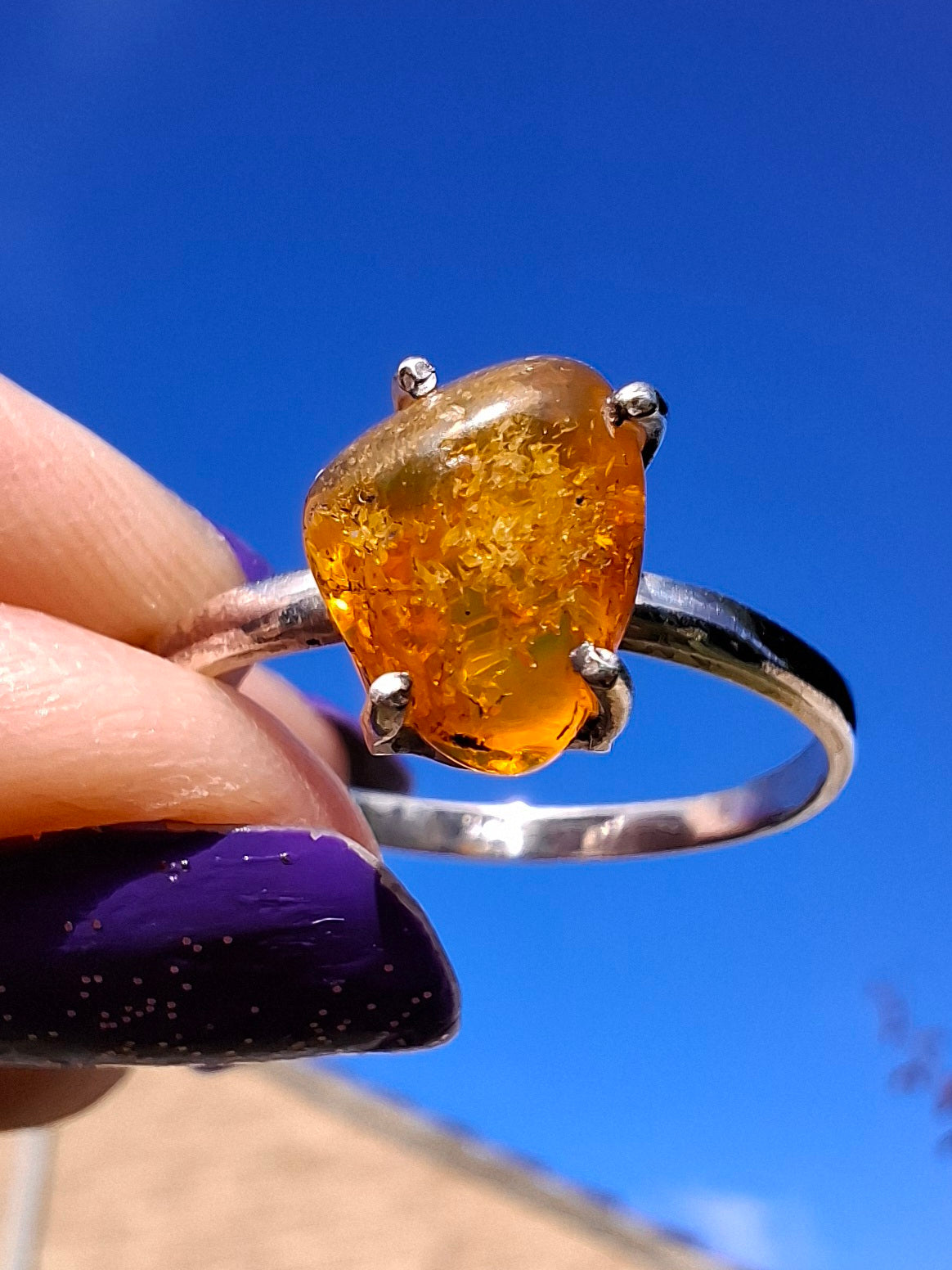 Baltic Amber Ring, size large Y, 925 Silver, Fossil (Ref: AR37)