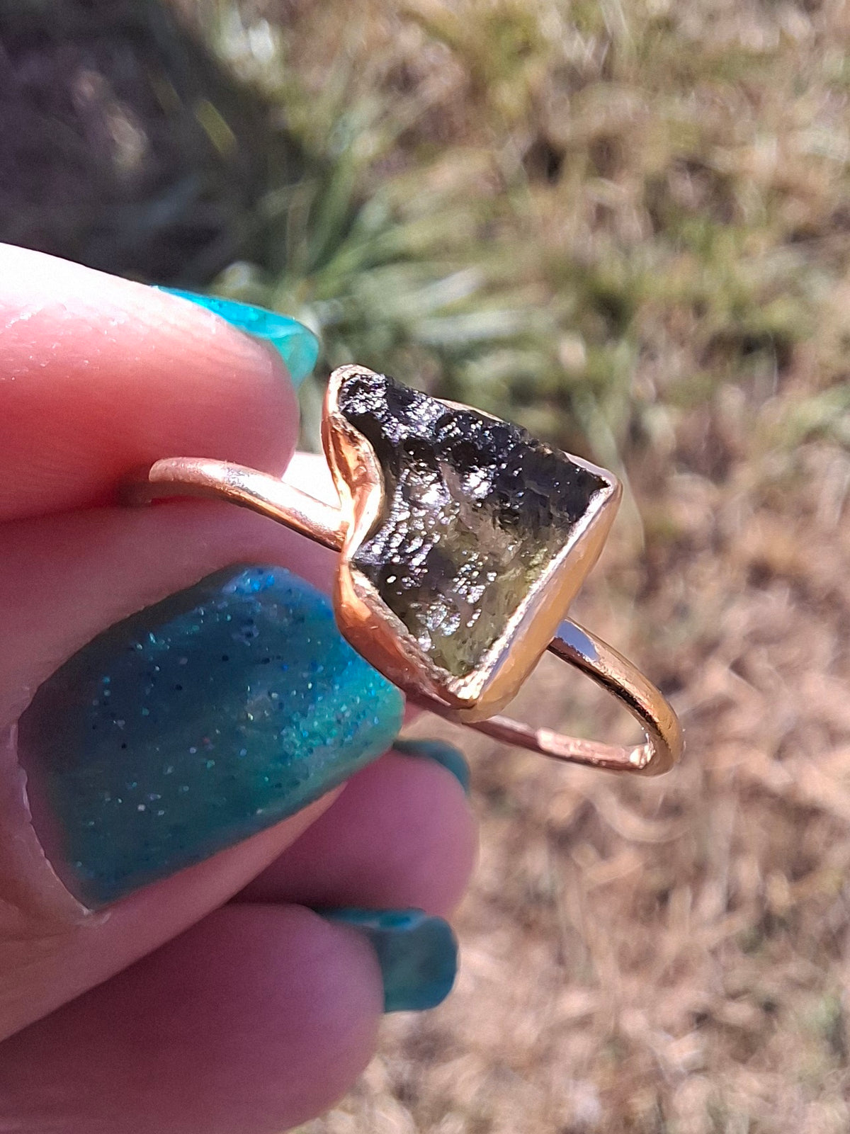 Moldavite Ring, 14K GOLD Plated, size large U, Tektite (Ref: R351)