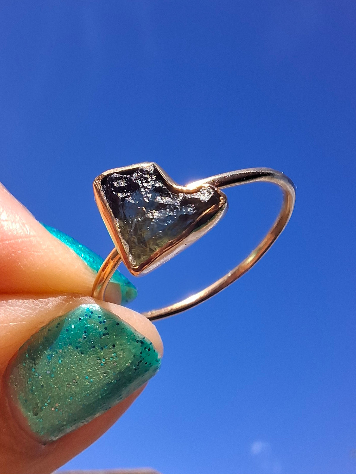 Moldavite Ring, 14K GOLD Plated, size large U, Tektite (Ref: R351)