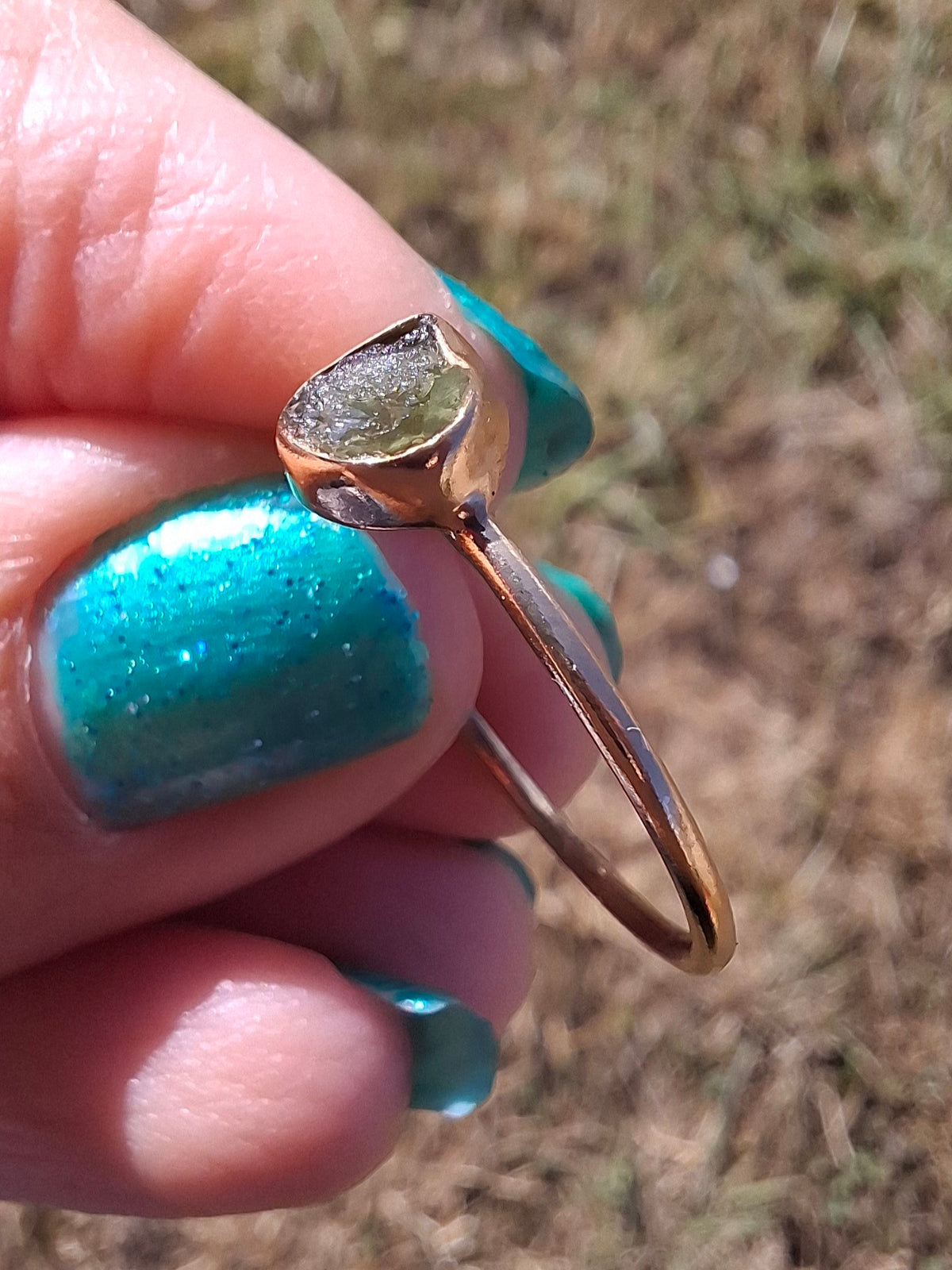 Moldavite Ring, 14K GOLD Plated, size U, Tektite (Ref: R348)