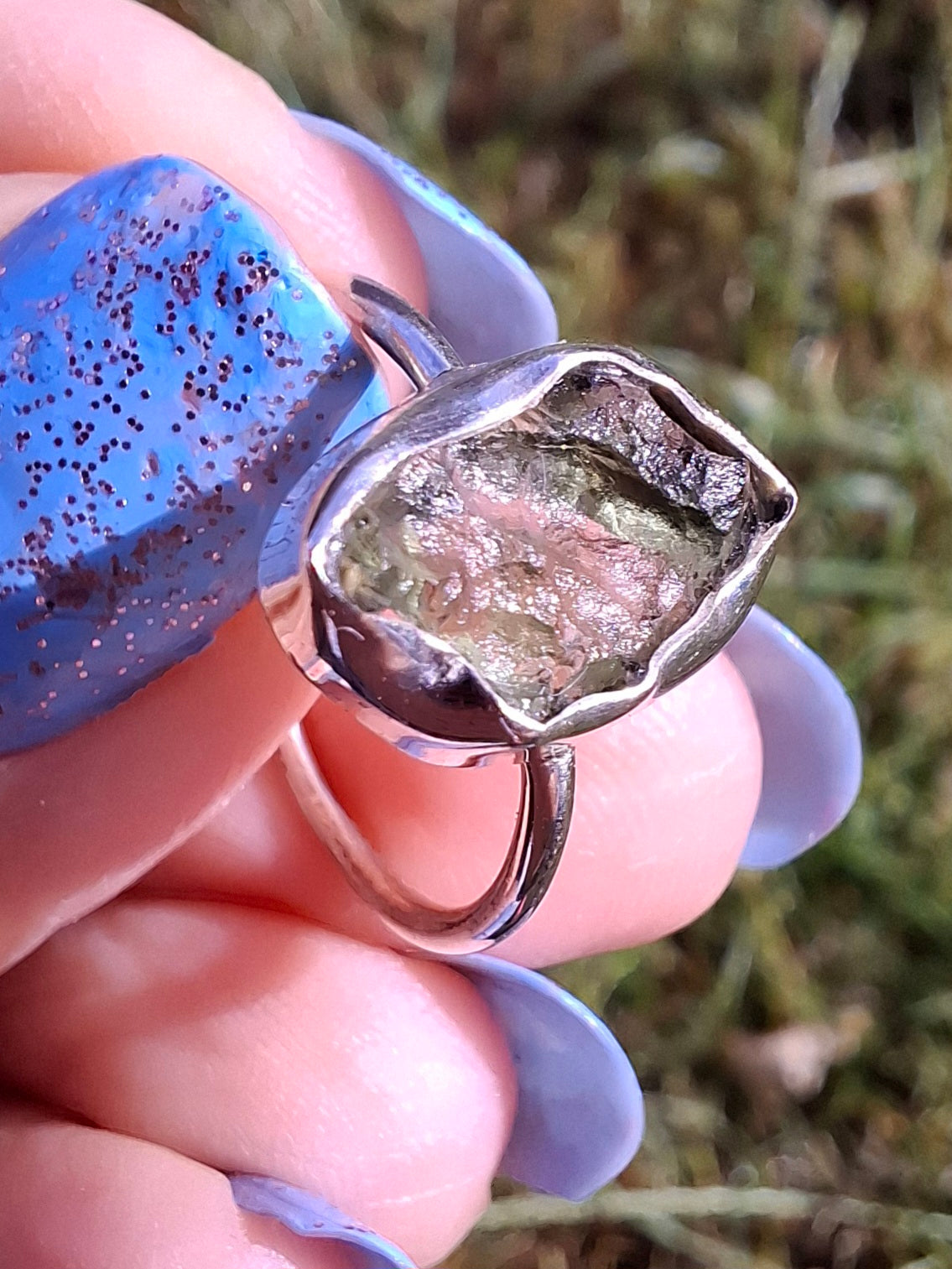Moldavite Ring, size M, 925 Silver, Tektite (Ref: R22)