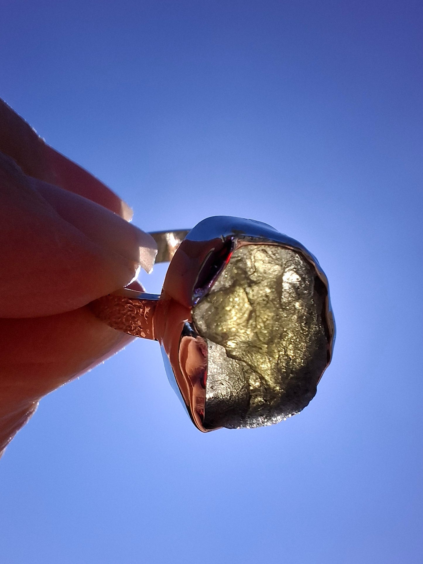 Moldavite Ring, size R, 925 Silver, Tektite (Ref: R318)