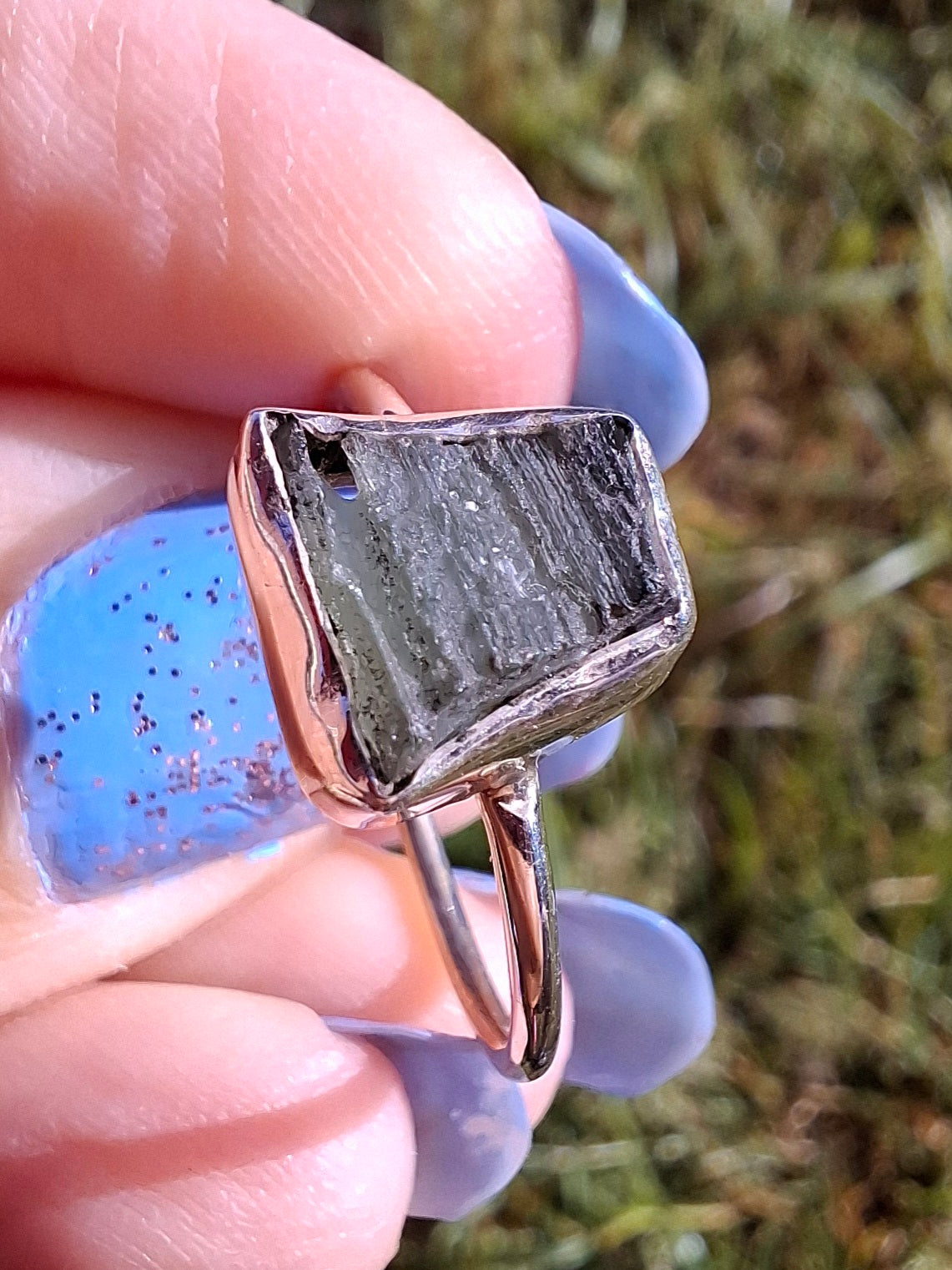 Moldavite Ring, size large P/small Q, 925 Silver, Tektite (Ref: R26)