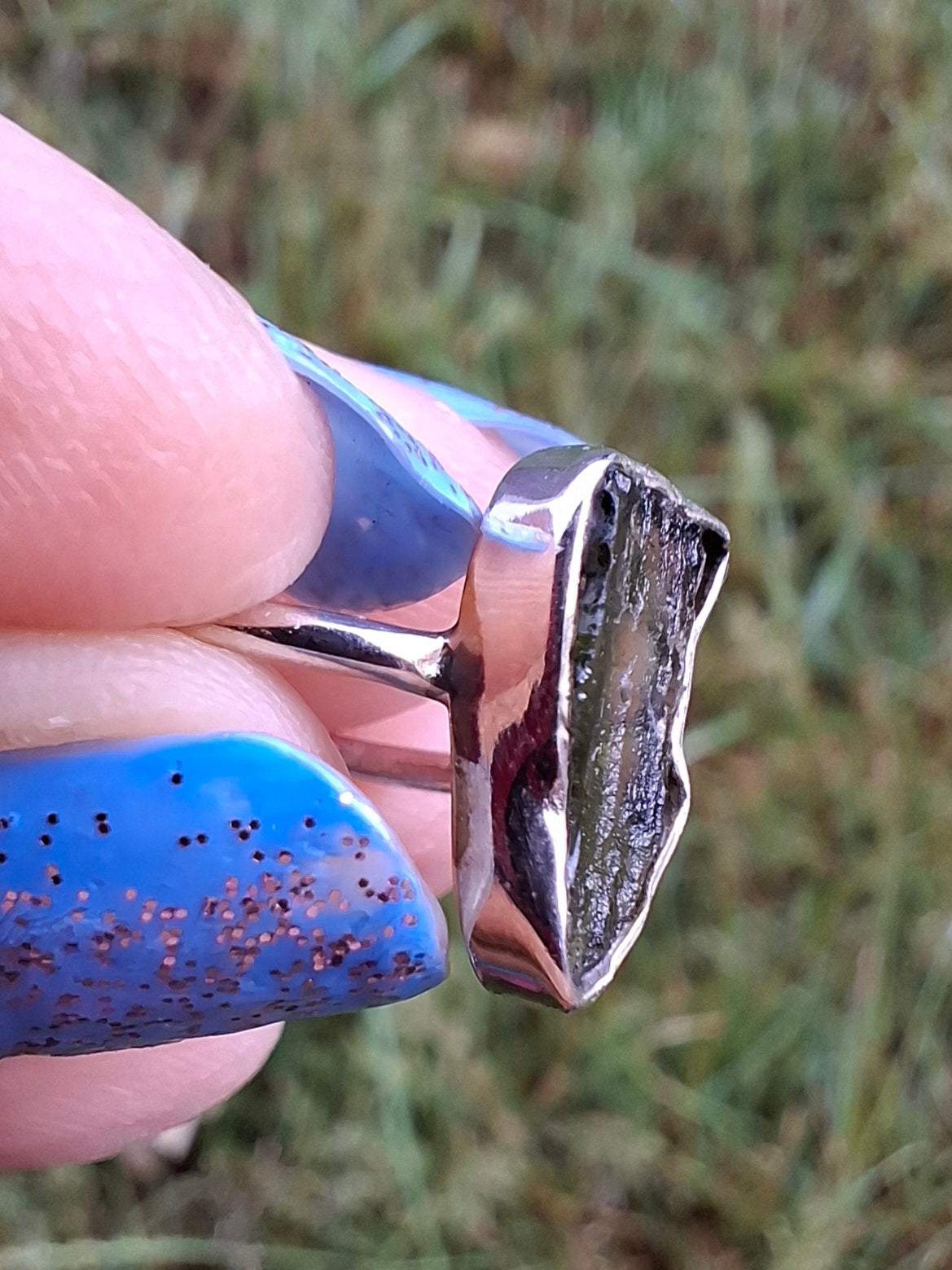 Moldavite Ring, size Large G, 925 Silver, Tektite (Ref: R18)
