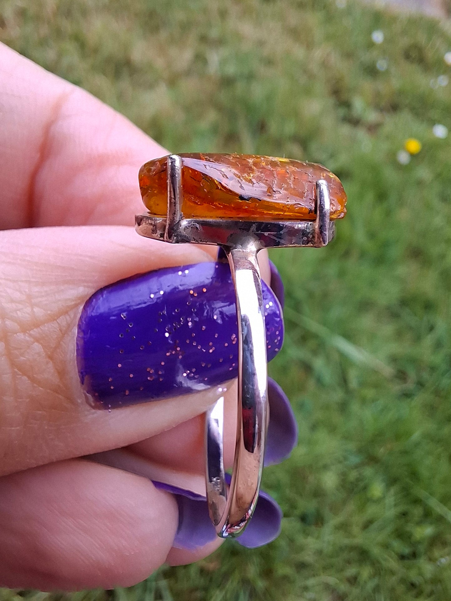 Baltic Amber Ring, size large Y, 925 Silver, Fossil (Ref: AR22)