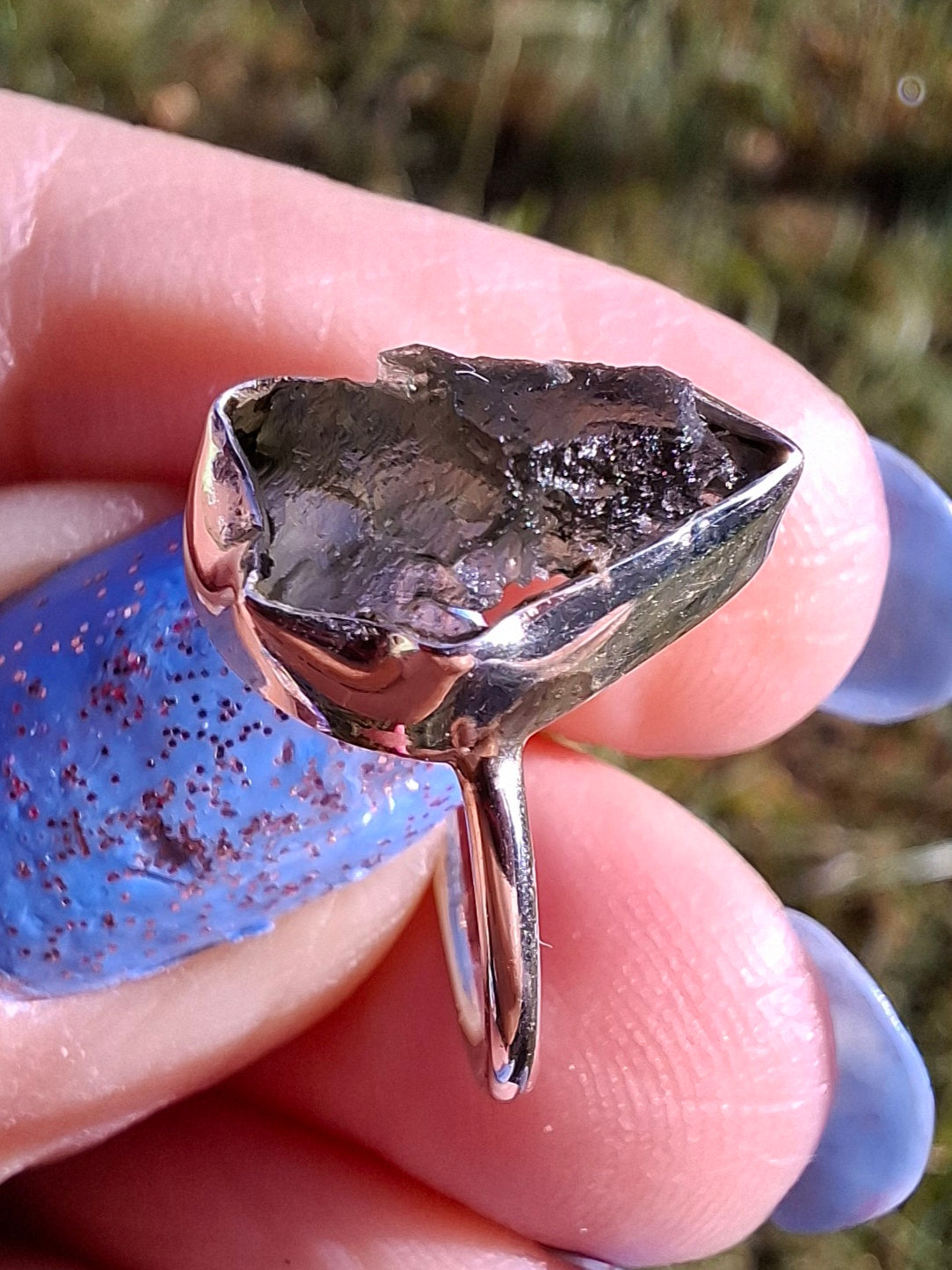 Moldavite Ring, size large G/small H, 925 Silver, Tektite (Ref: R19)