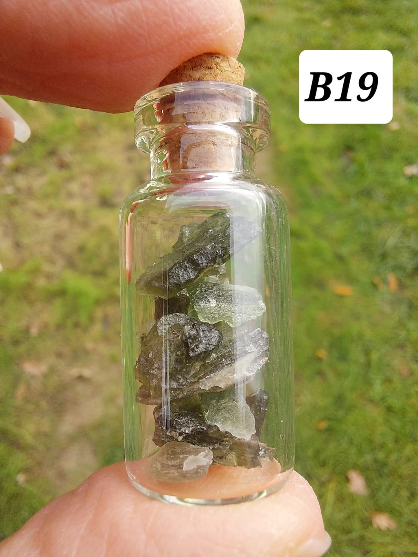 Moldavite chips (2.50g) in 3ml glass Bottle, Tektite (Ref: B19)