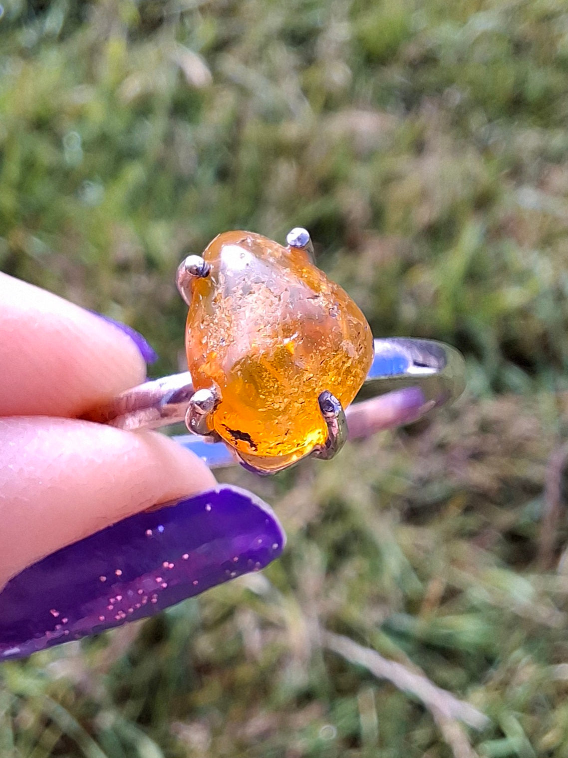 Baltic Amber Ring, size large Y, 925 Silver, Fossil (Ref: AR37)