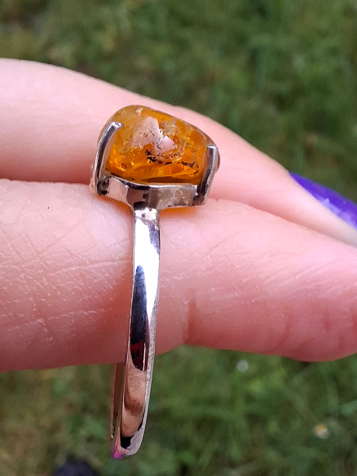 Baltic Amber Ring, size large Y, 925 Silver, Fossil (Ref: AR37)