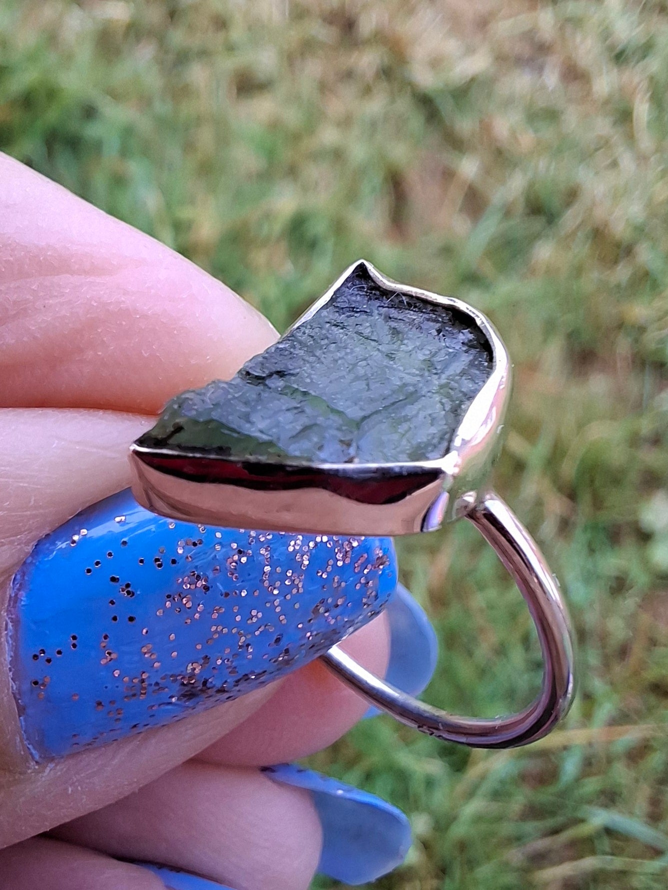 Moldavite Ring, size large M, 925 Silver, Tektite (Ref: R24)