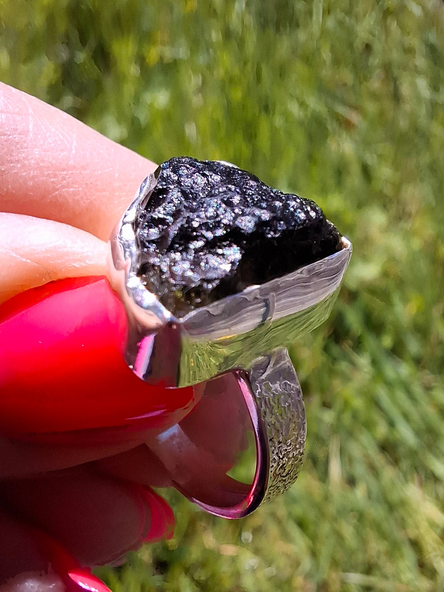 Moldavite Ring, size P, 925 Silver, Tektite (Ref: R314)