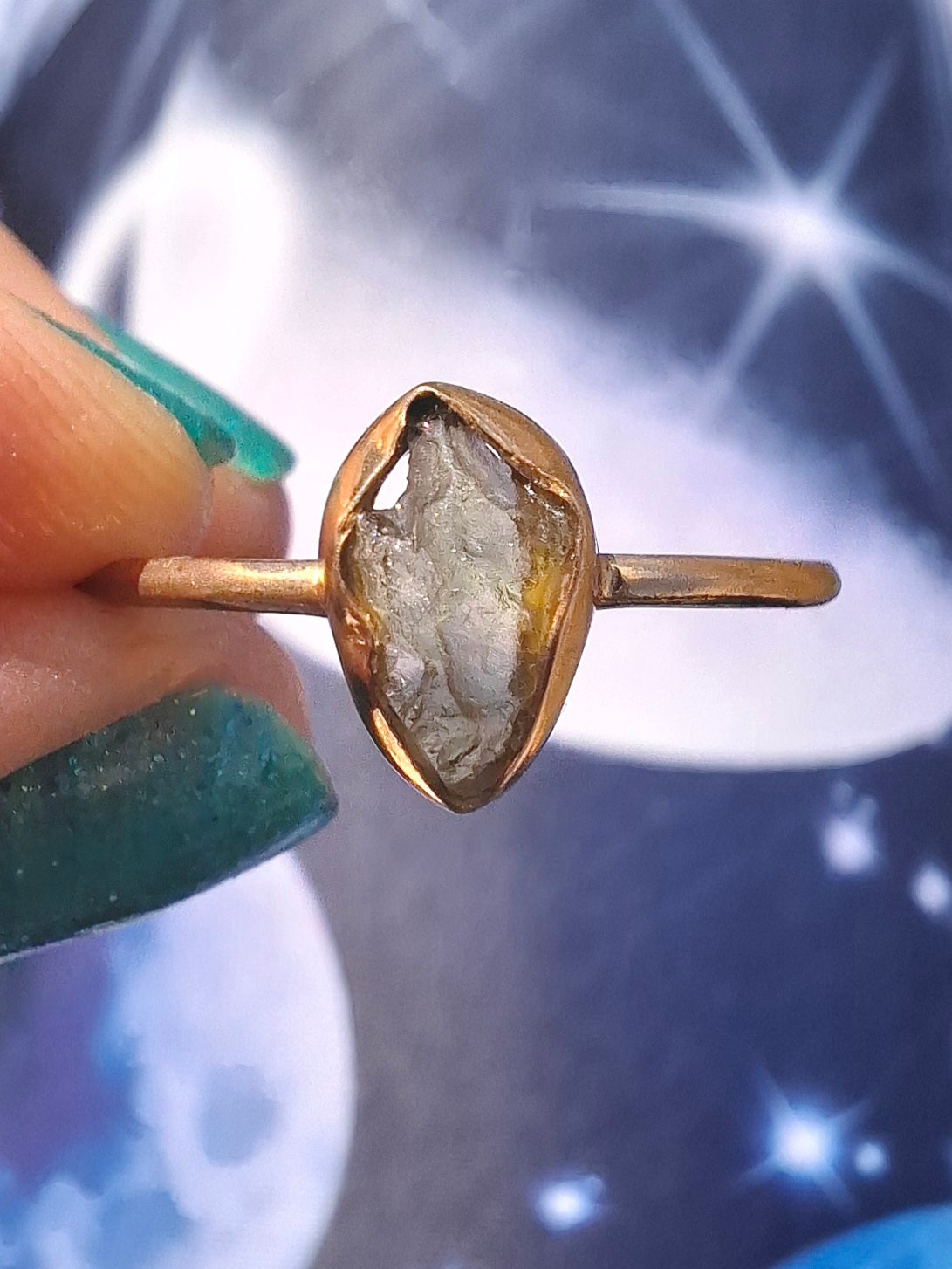 Moldavite Ring, 14K GOLD Plated, size large T, Tektite (Ref: R347)