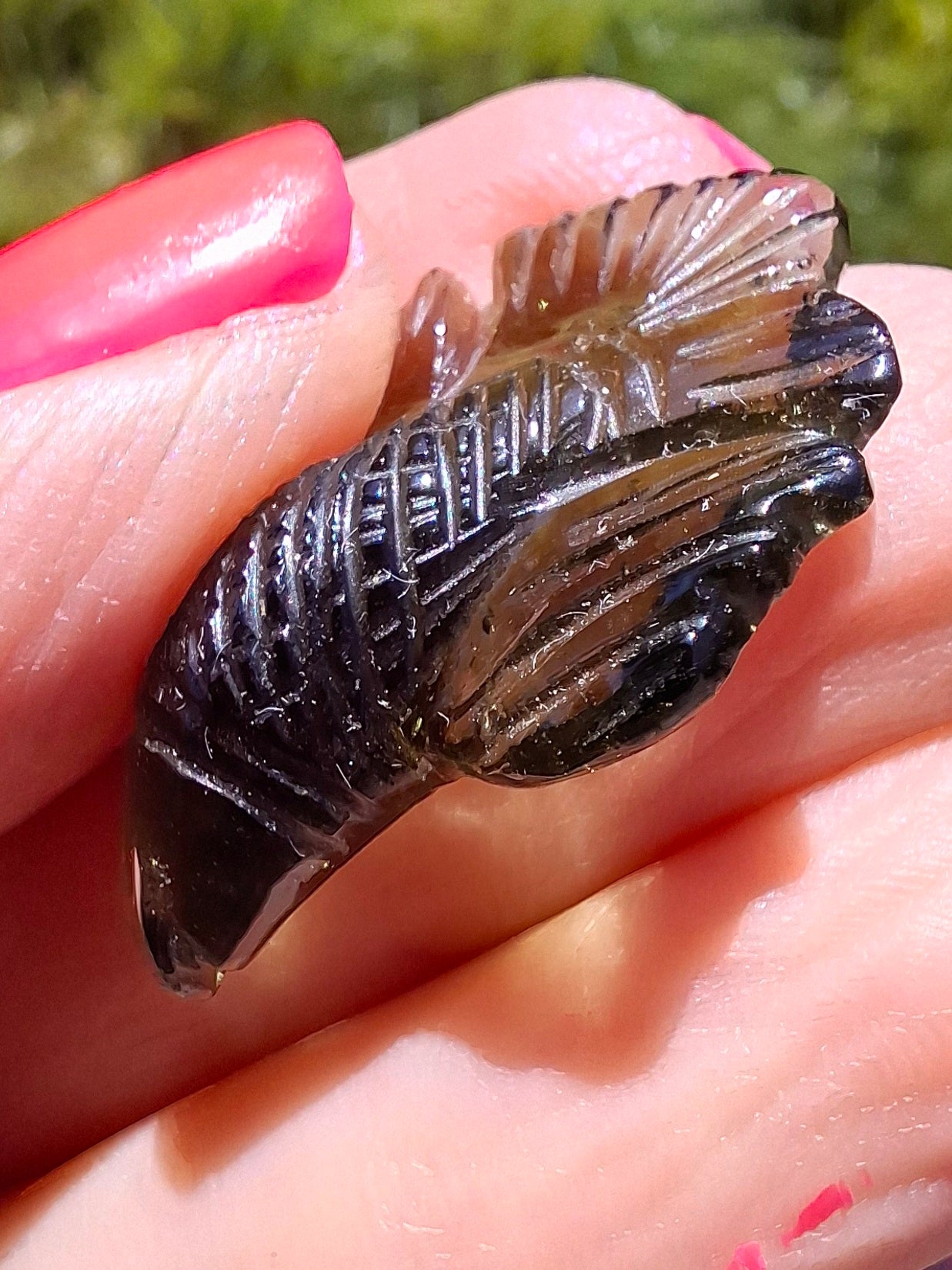 Moldavite FISH carving, (flat back), 3.29g, Tektite (Ref: Fish9)
