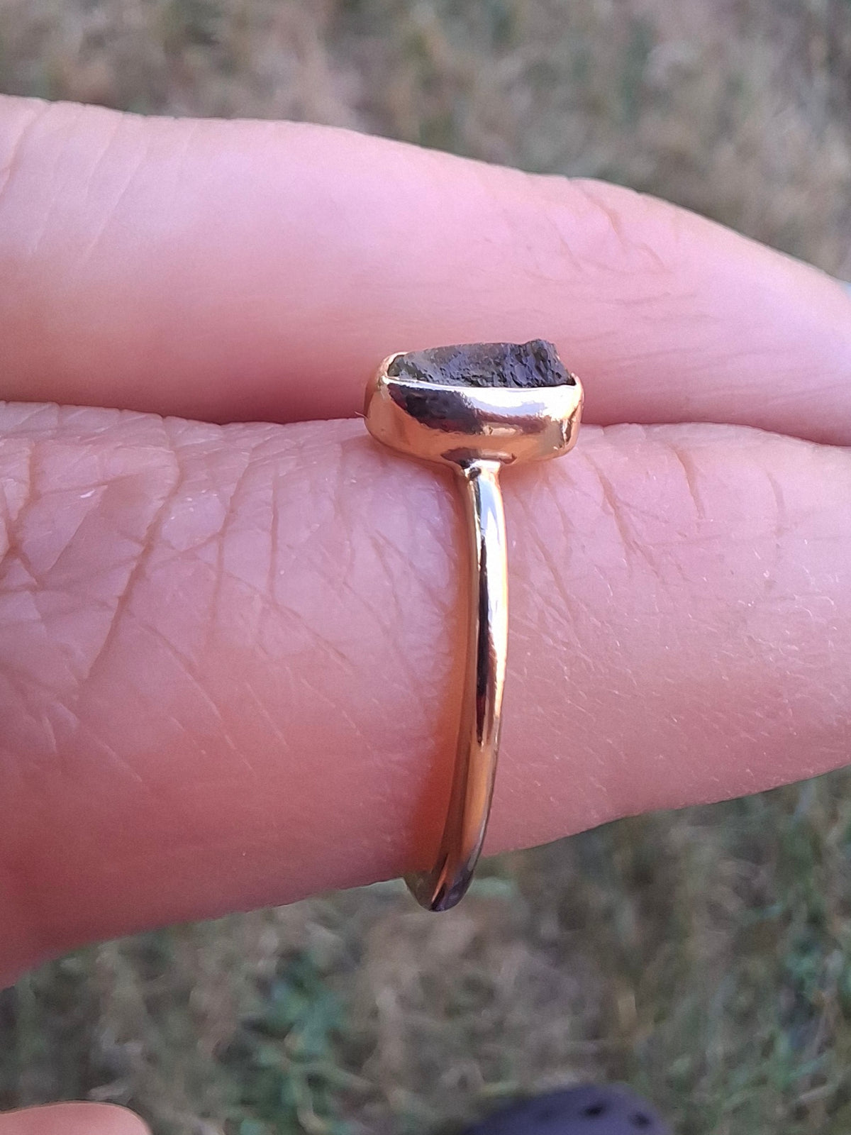 Moldavite Ring, 14K GOLD Plated, size small L, Tektite (Ref: R342)