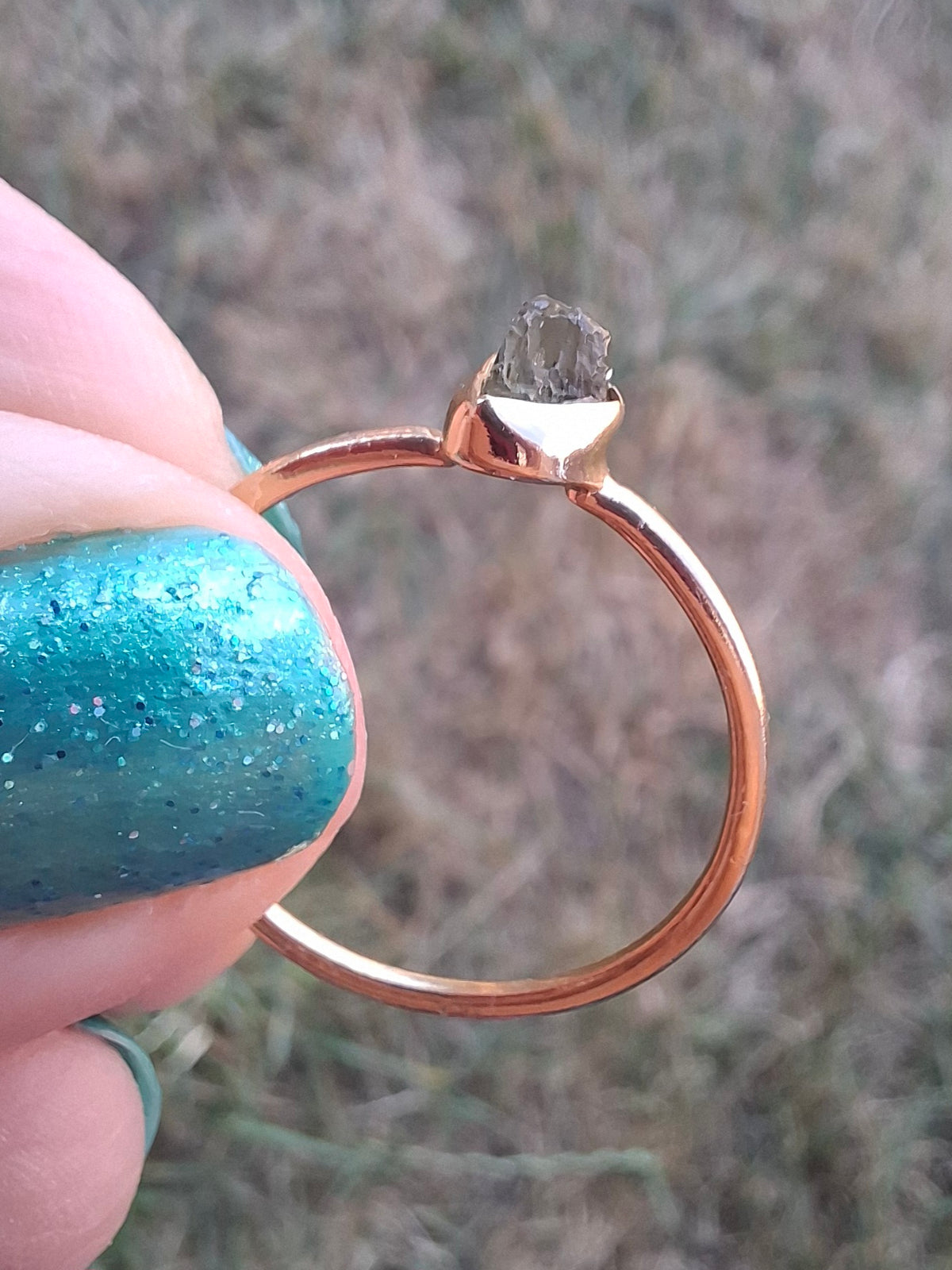 Moldavite Ring, 14K GOLD Plated, size large S / small T, Tektite (Ref: R352)