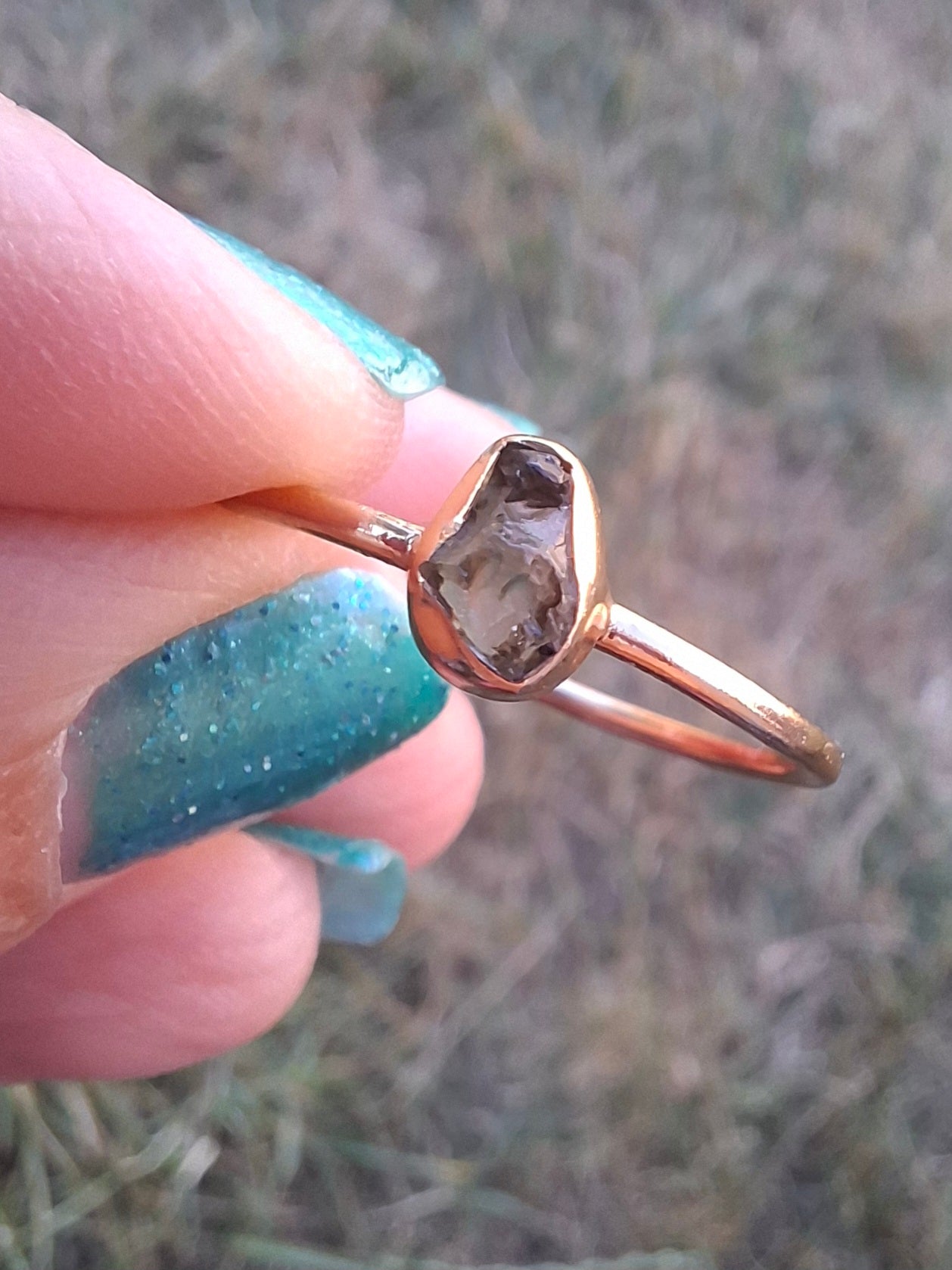 Moldavite Ring, 14K GOLD Plated, size large T, Tektite (Ref: R350)
