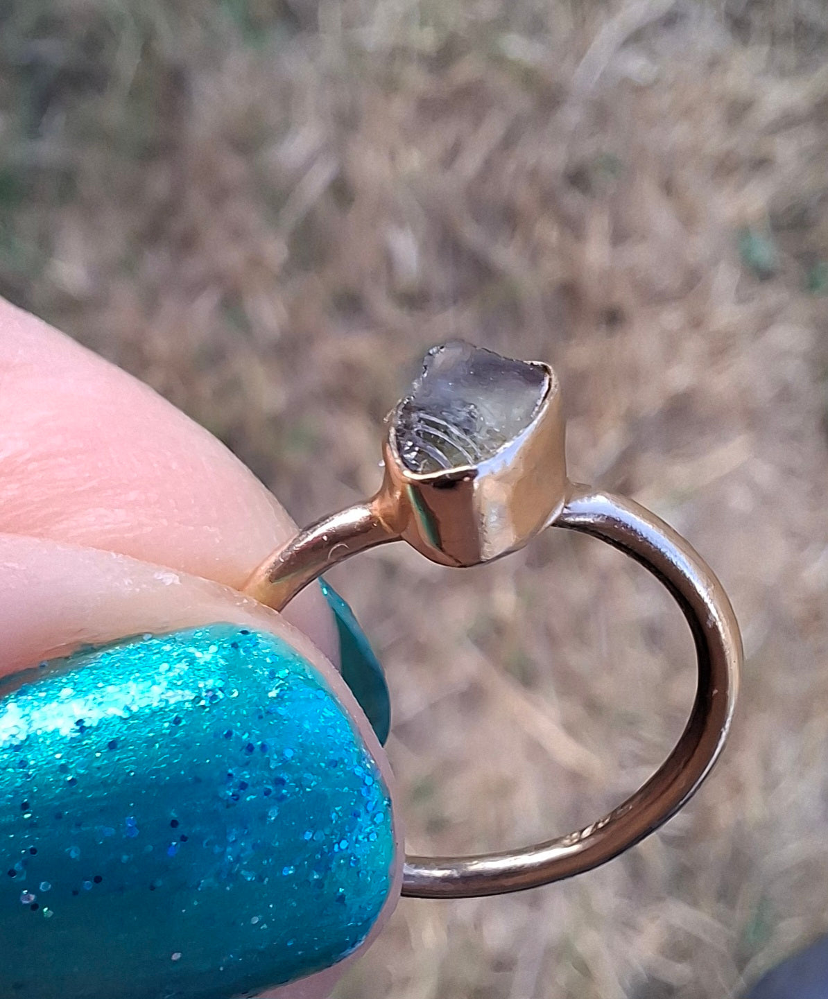 Moldavite Ring, 14K GOLD Plated, size large G / small H, Tektite (Ref: R334)