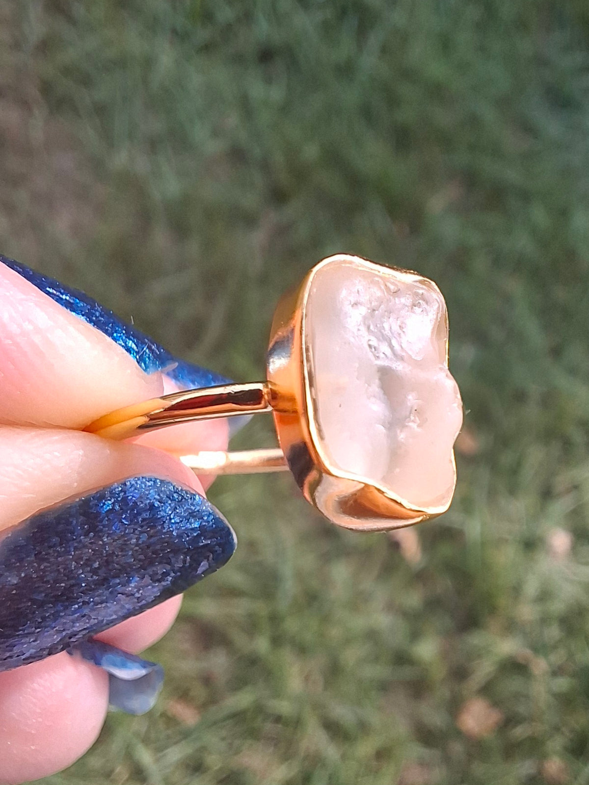 Libyan Desert Glass Ring, 14K GOLD Plated, size large Q, Tektite (Ref: LR64)