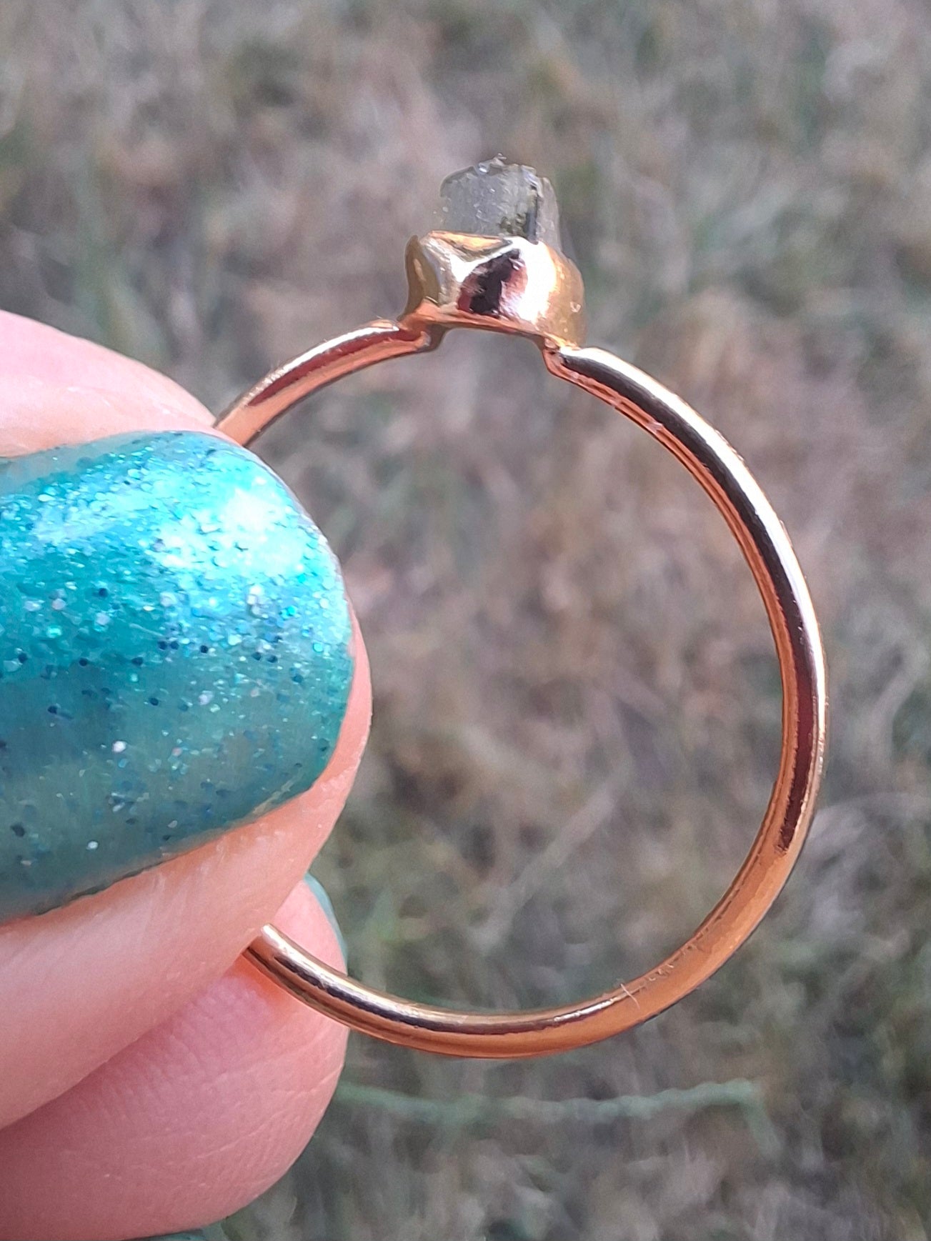 Moldavite Ring, 14K GOLD Plated, size large S / small T, Tektite (Ref: R352)