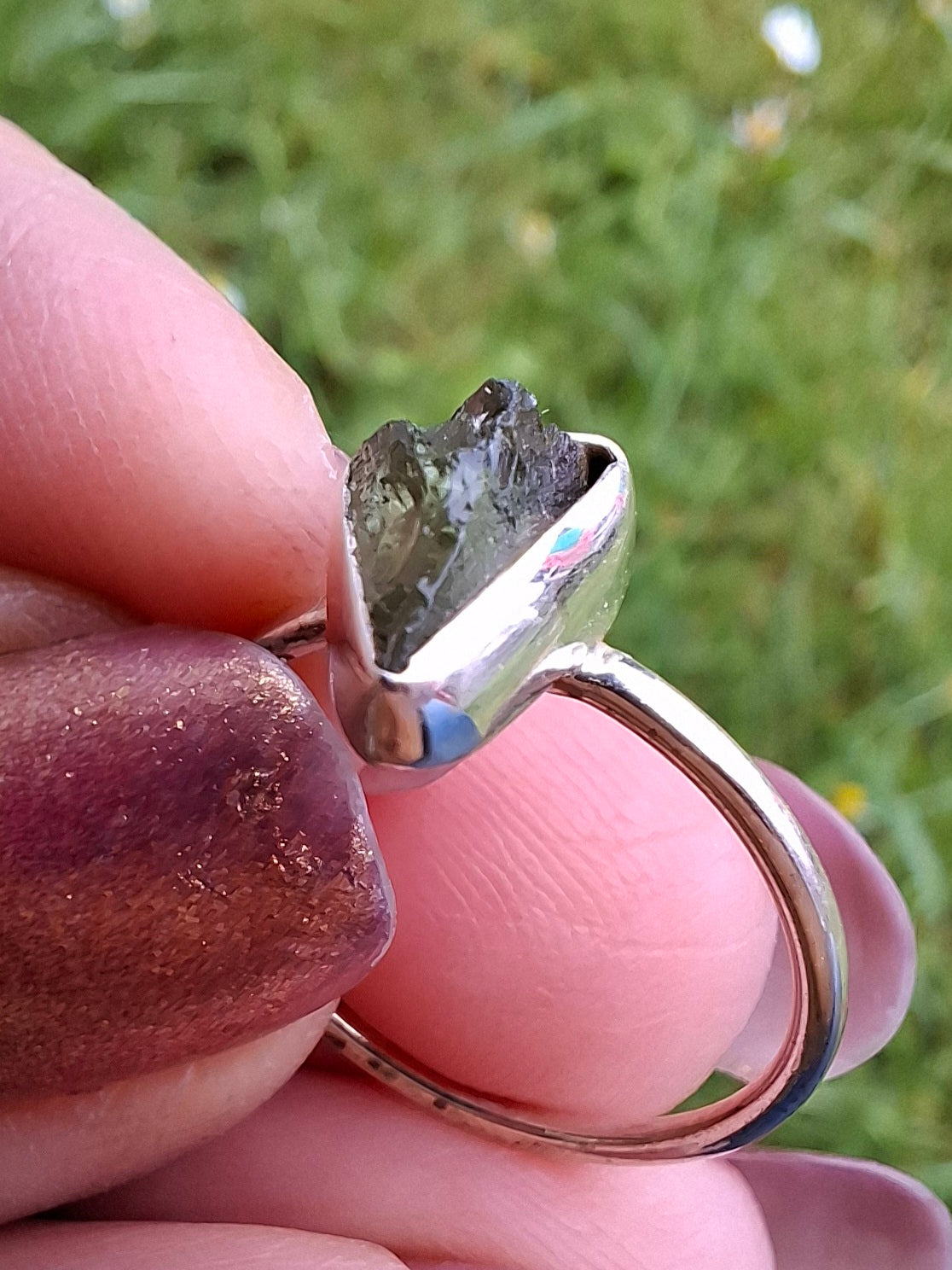Moldavite Ring, size large K/small L, 925 Silver, Tektite (Ref: R57)