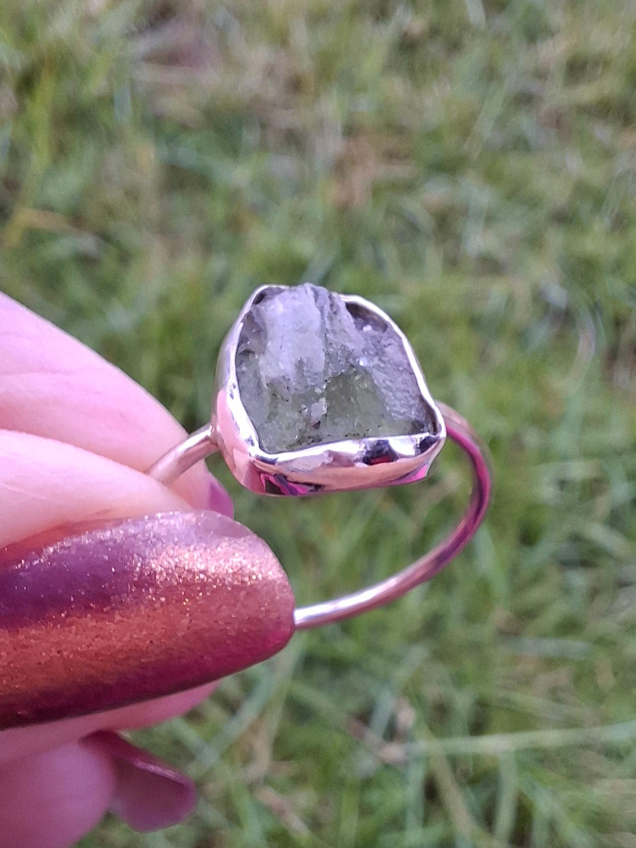 Moldavite Ring, size small U, 925 Silver, Tektite (Ref: R29)