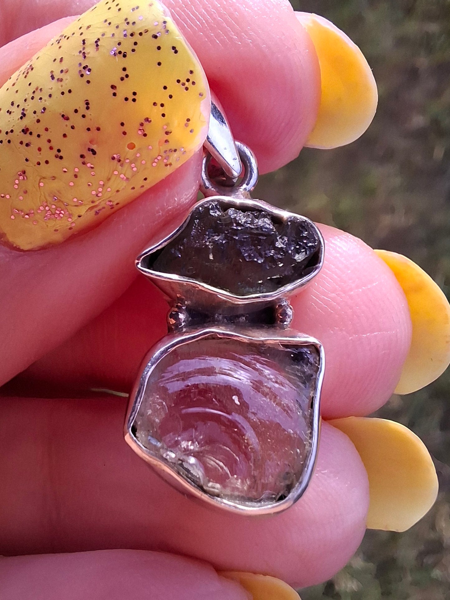 Moldavite & Libyan Desert Glass Pendant, 925 Silver, Tektite (Ref: MLP13)