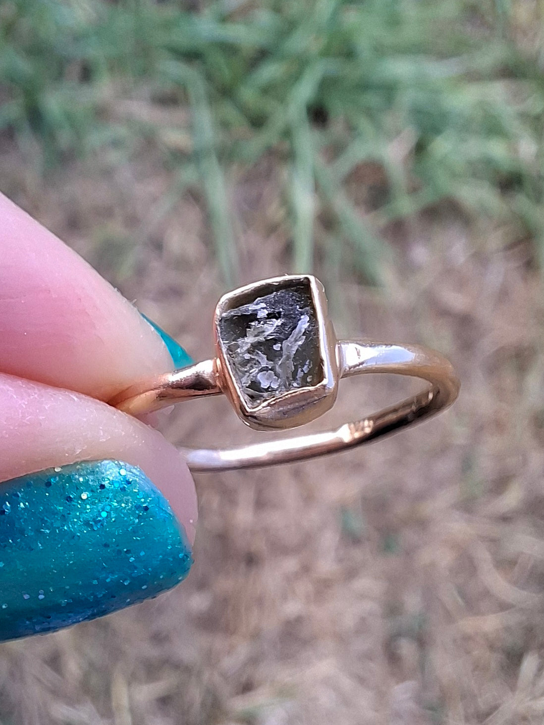 Moldavite Ring, 14K GOLD Plated, size small i, Tektite (Ref: R333)