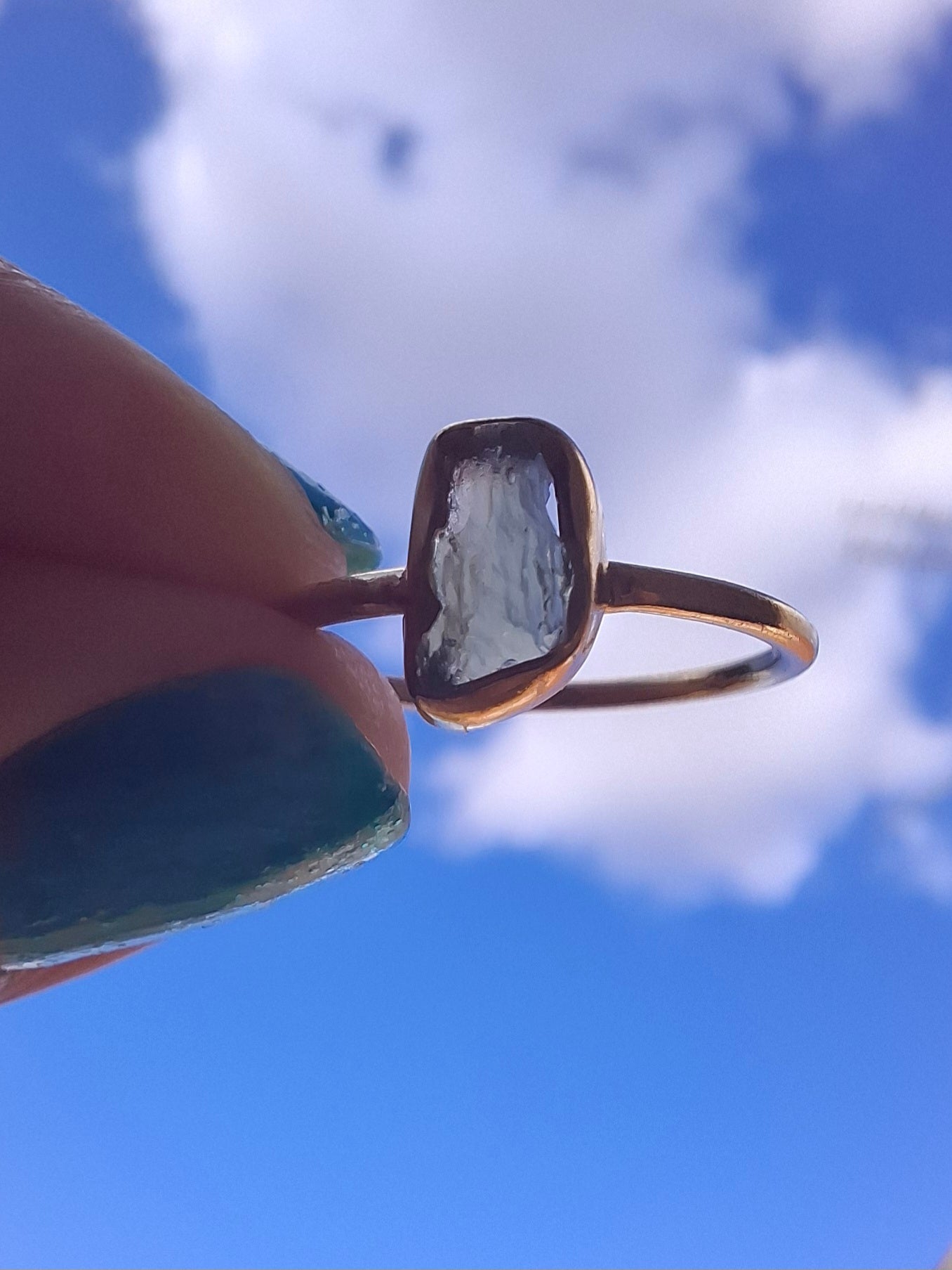 Moldavite Ring, 14K GOLD Plated, size large M, Tektite (Ref: R341)