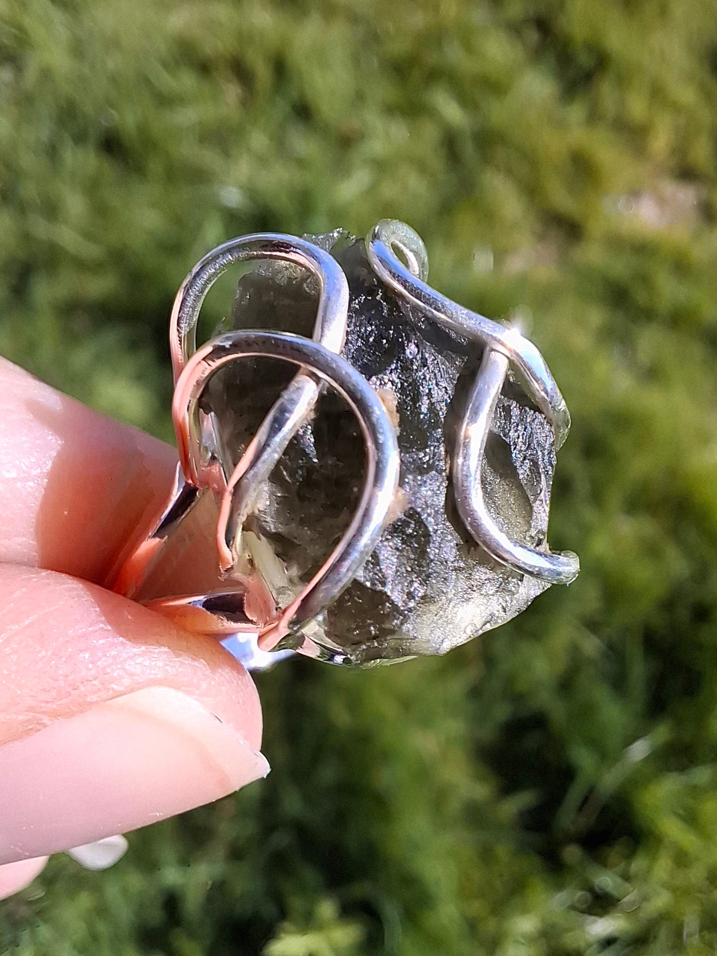 Moldavite Ring, size S, 925 Silver, Tektite (Ref: R12)