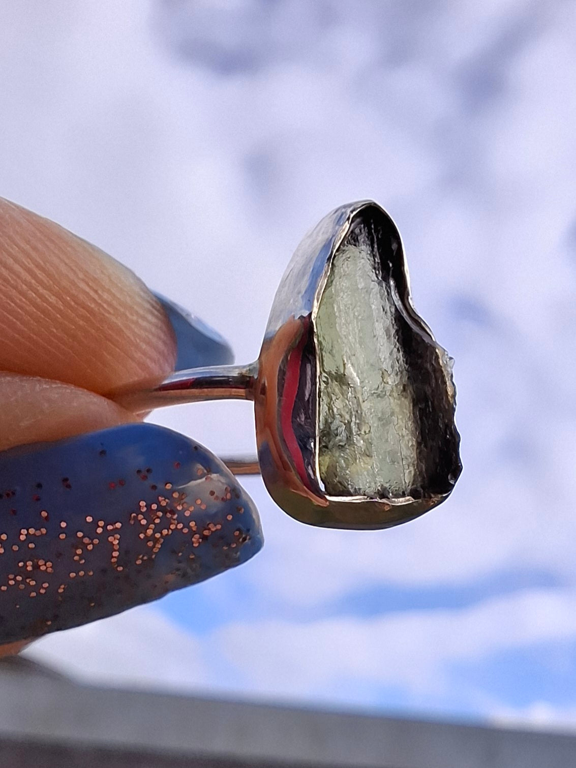 Moldavite Ring, size Large G, 925 Silver, Tektite (Ref: R18)
