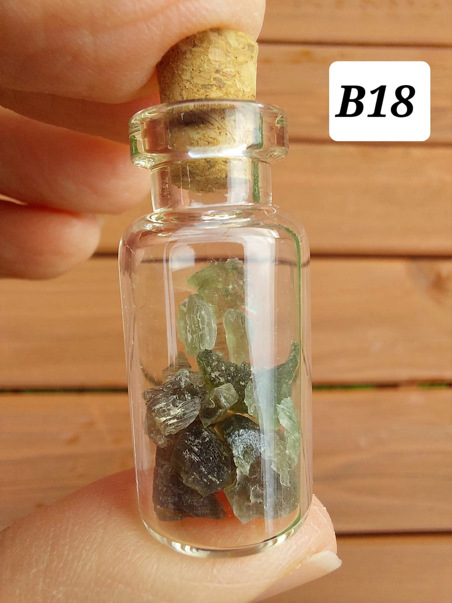 Moldavite chips (2.00g) in 3ml glass Bottle, Tektite (Ref: B18)