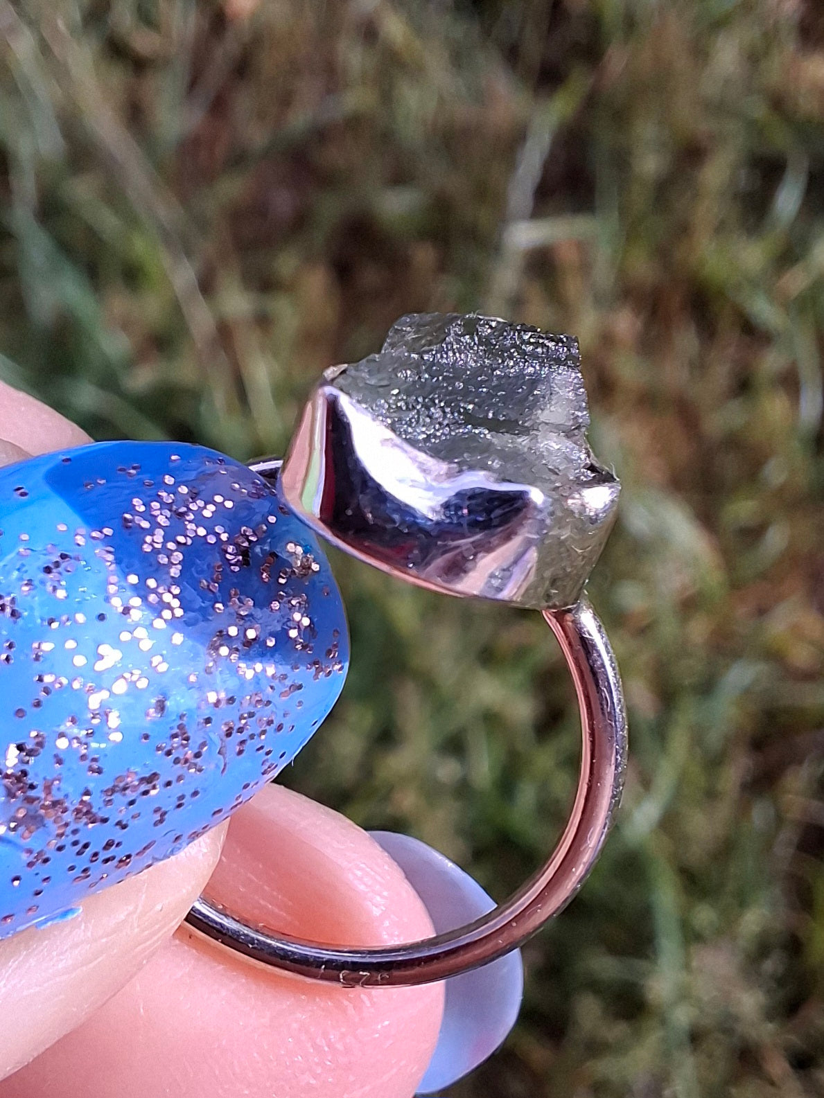 Moldavite Ring, size large G/small H, 925 Silver, Tektite (Ref: R19)