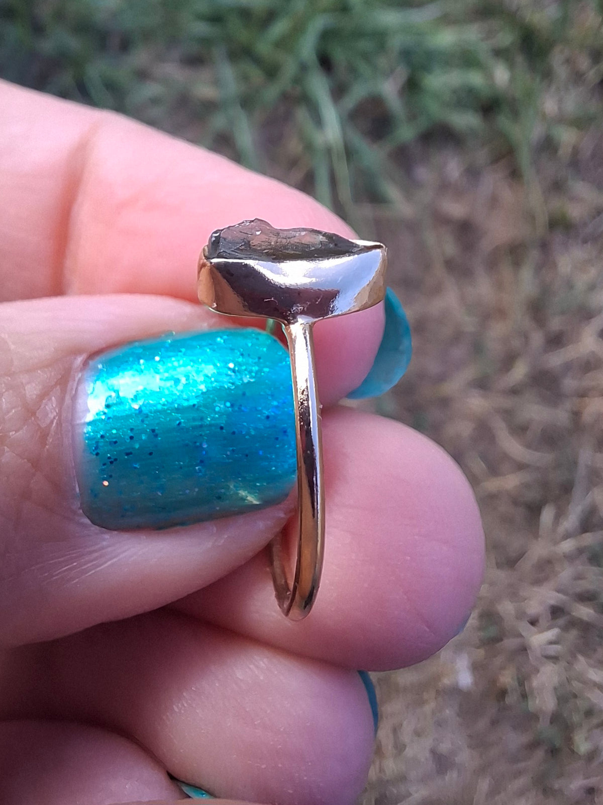 Moldavite Ring, 14K GOLD Plated, size large K / small L, Tektite (Ref: R335)